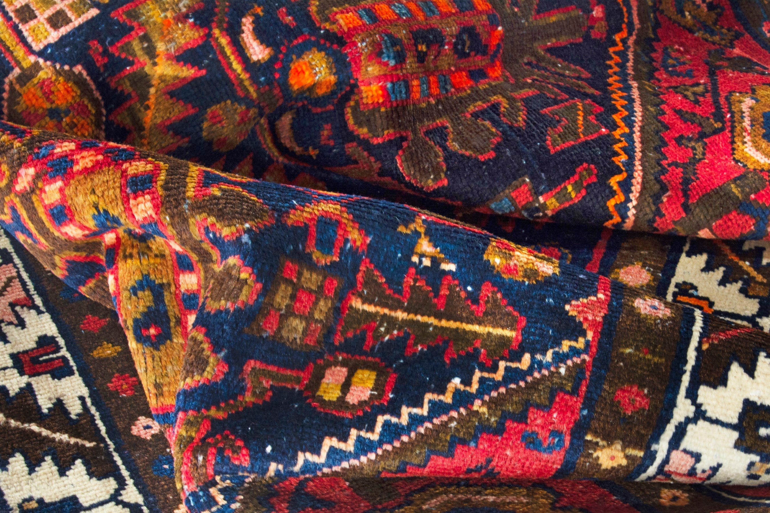 Persian Malayer accent rug in deep red and navy, view 15 of 19