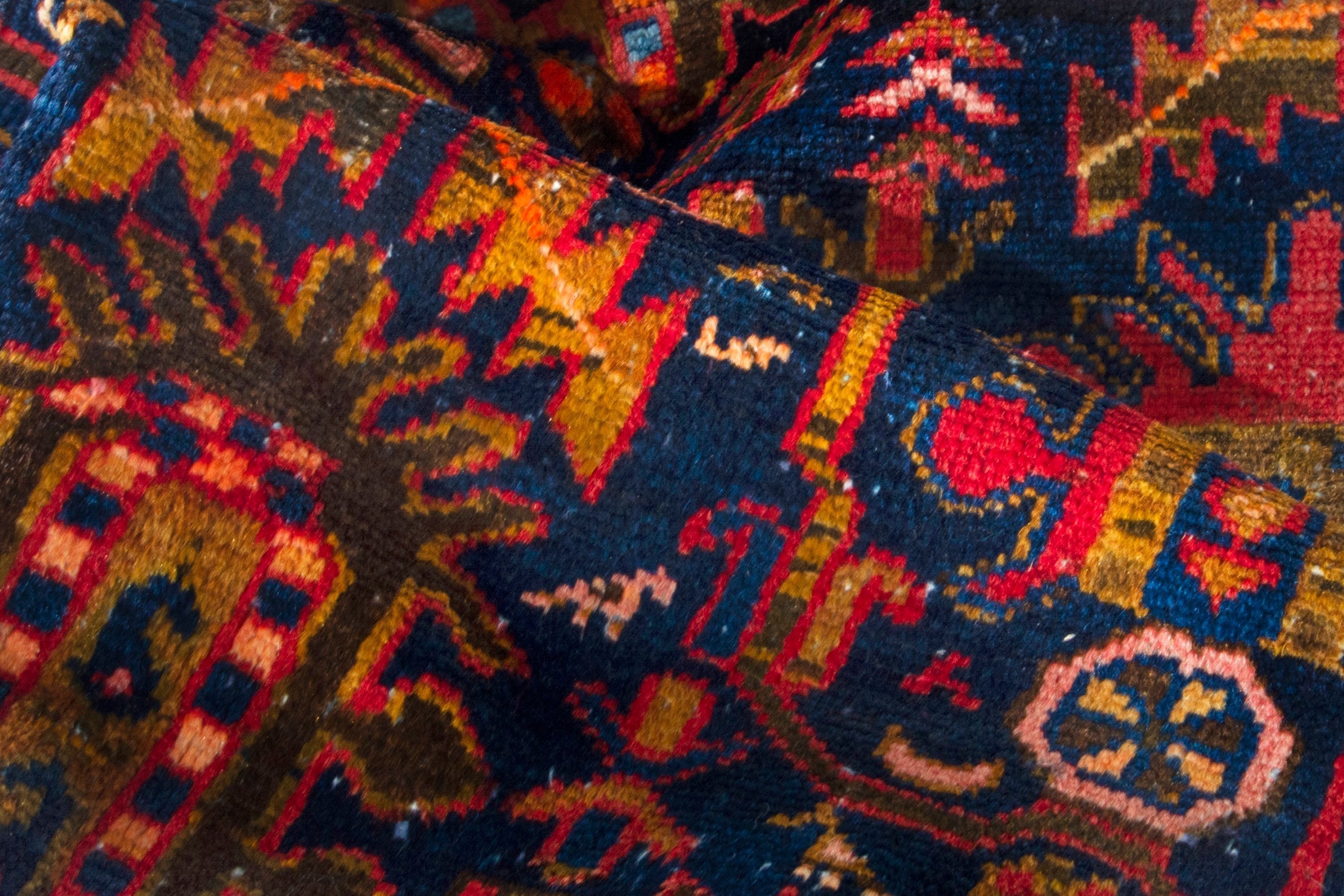 Persian Malayer accent rug in deep red and navy, view 18 of 19