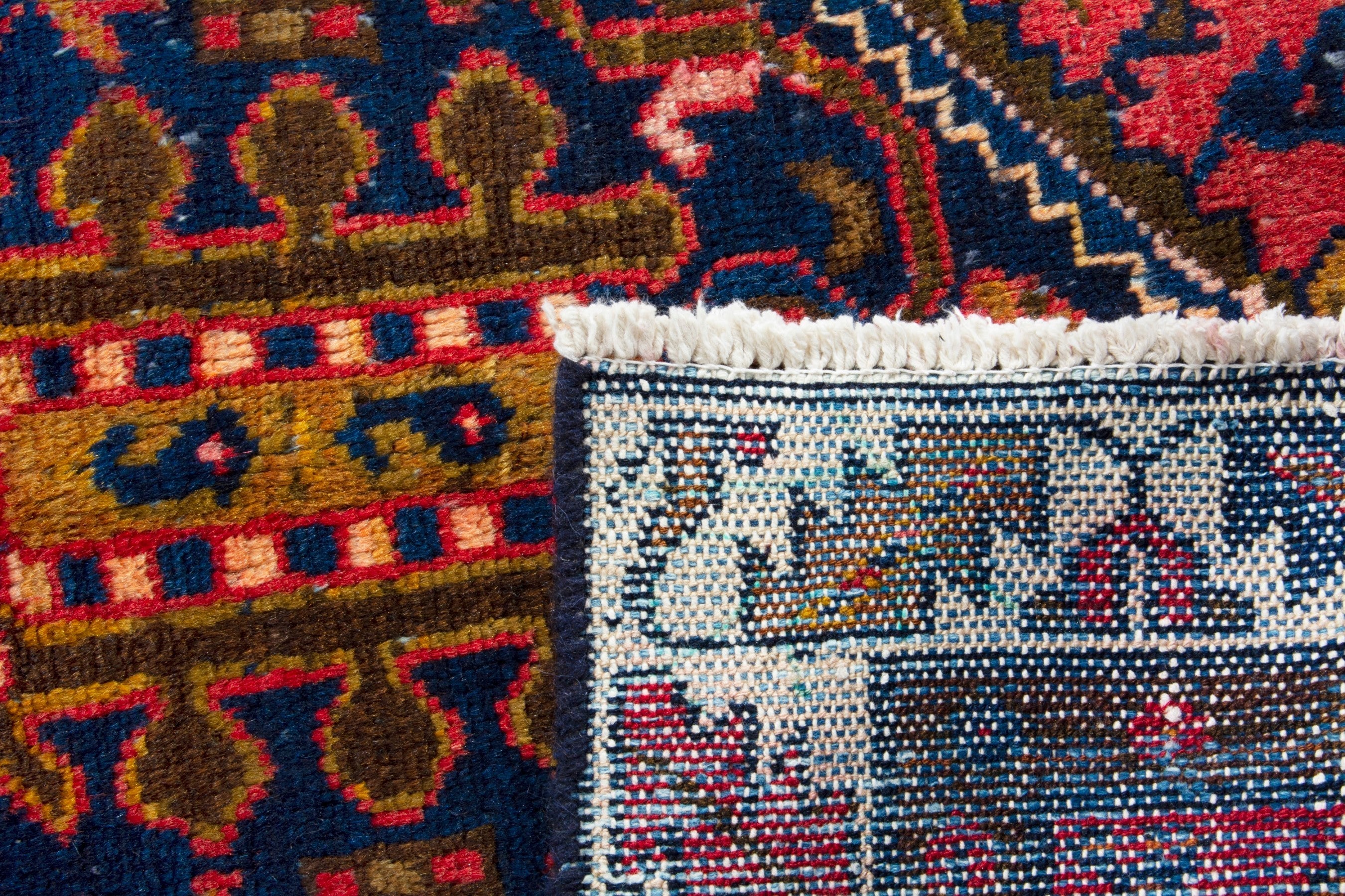 Persian Malayer accent rug in deep red and navy, view 19 of 19