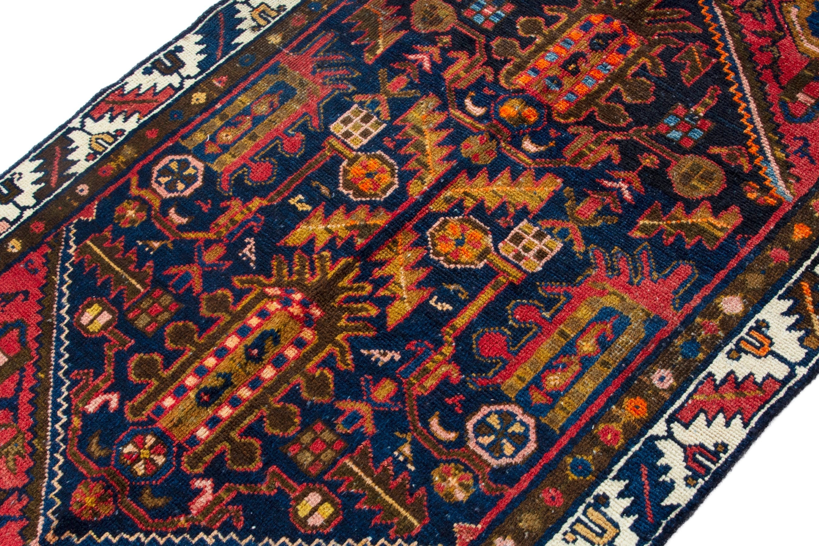Persian Malayer accent rug in deep red and navy, view 6 of 19