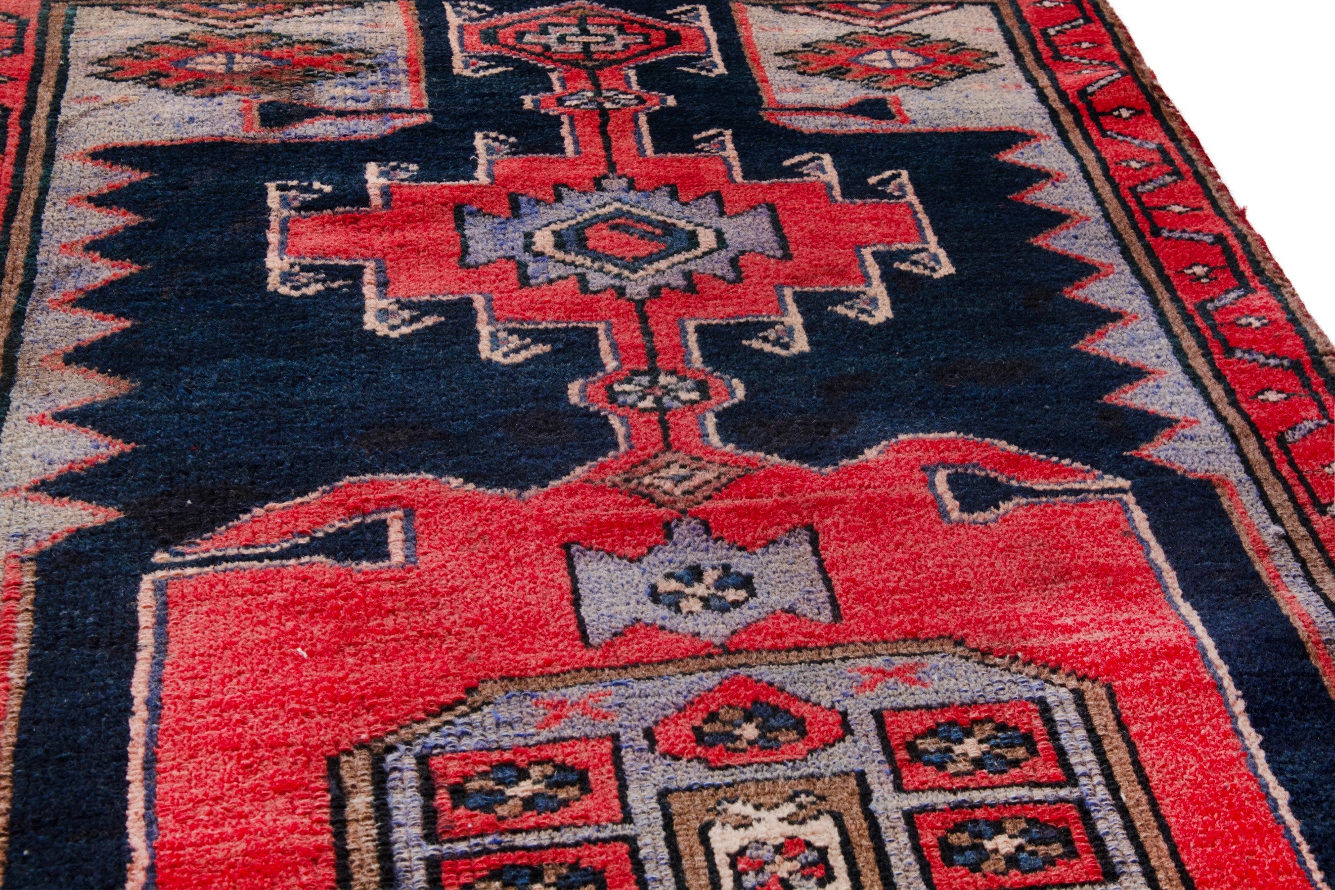 Persian Zanjan rug in navy and deep red, view 8 of 19