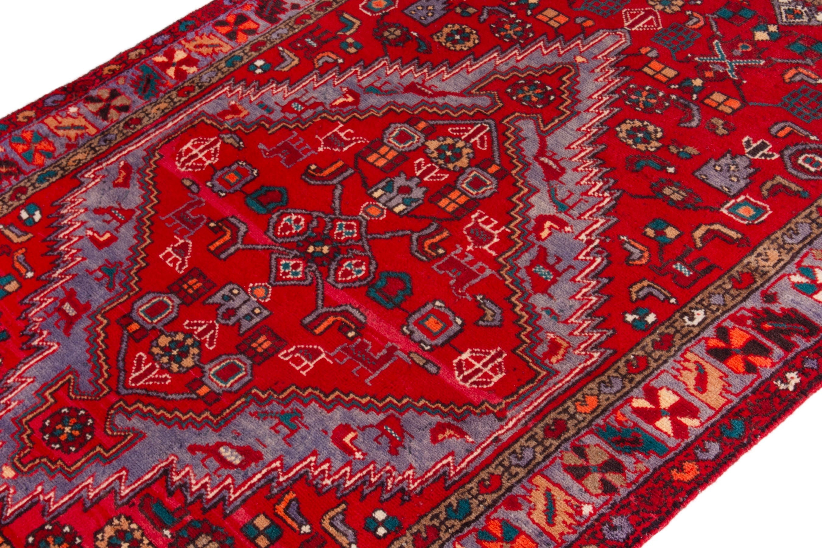 Persian Zanjan area rug in deep red and faded red, view 6 of 19