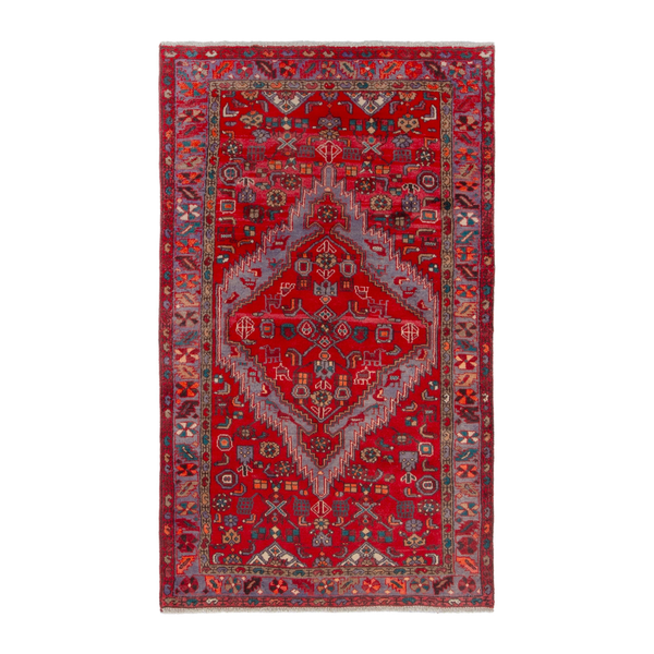 Persian Zanjan area rug in deep red and faded red, 4' x 7'