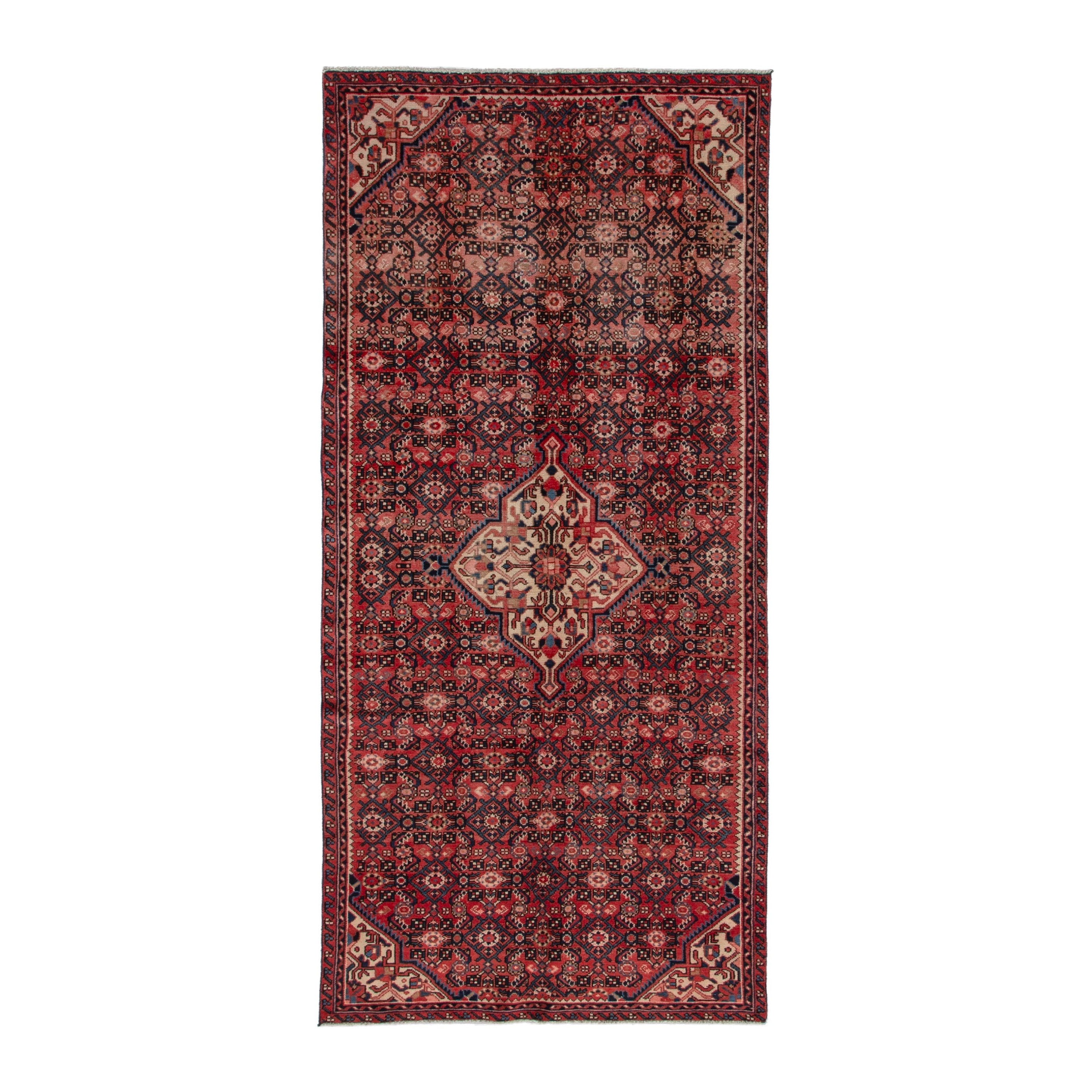 Persian Hosseinabad area rug in deep red and cream, 4'5" x 10'