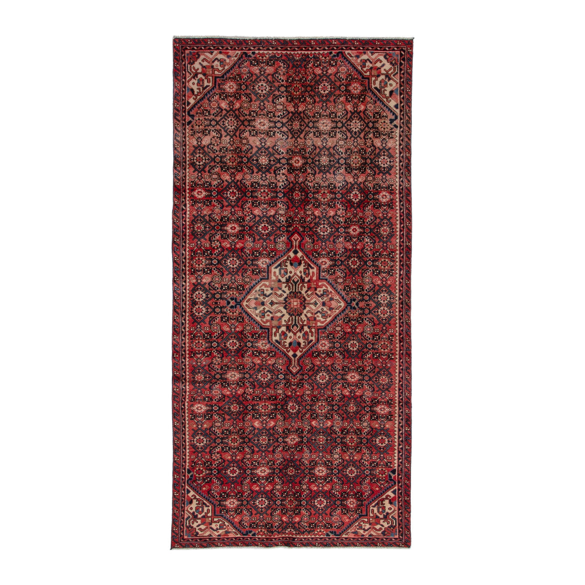 Persian Hosseinabad area rug in deep red and cream, 4'5" x 10'