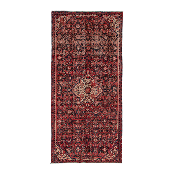 Persian Hossein Abad runner rug in deep red and cream, 4'5" x 10'