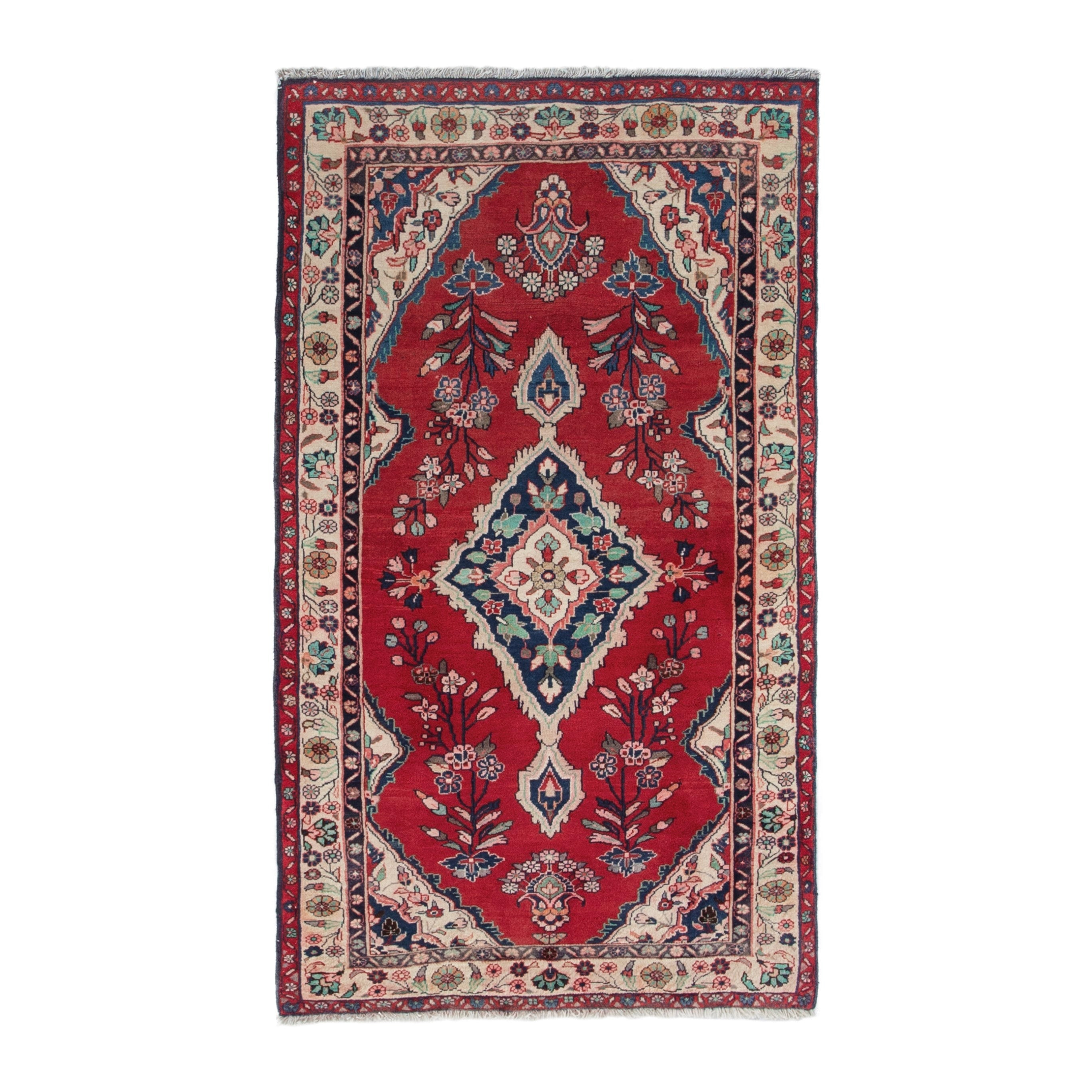 Persian Hamedan accent rug in deep red and ivory, 3'7" x 6'3"