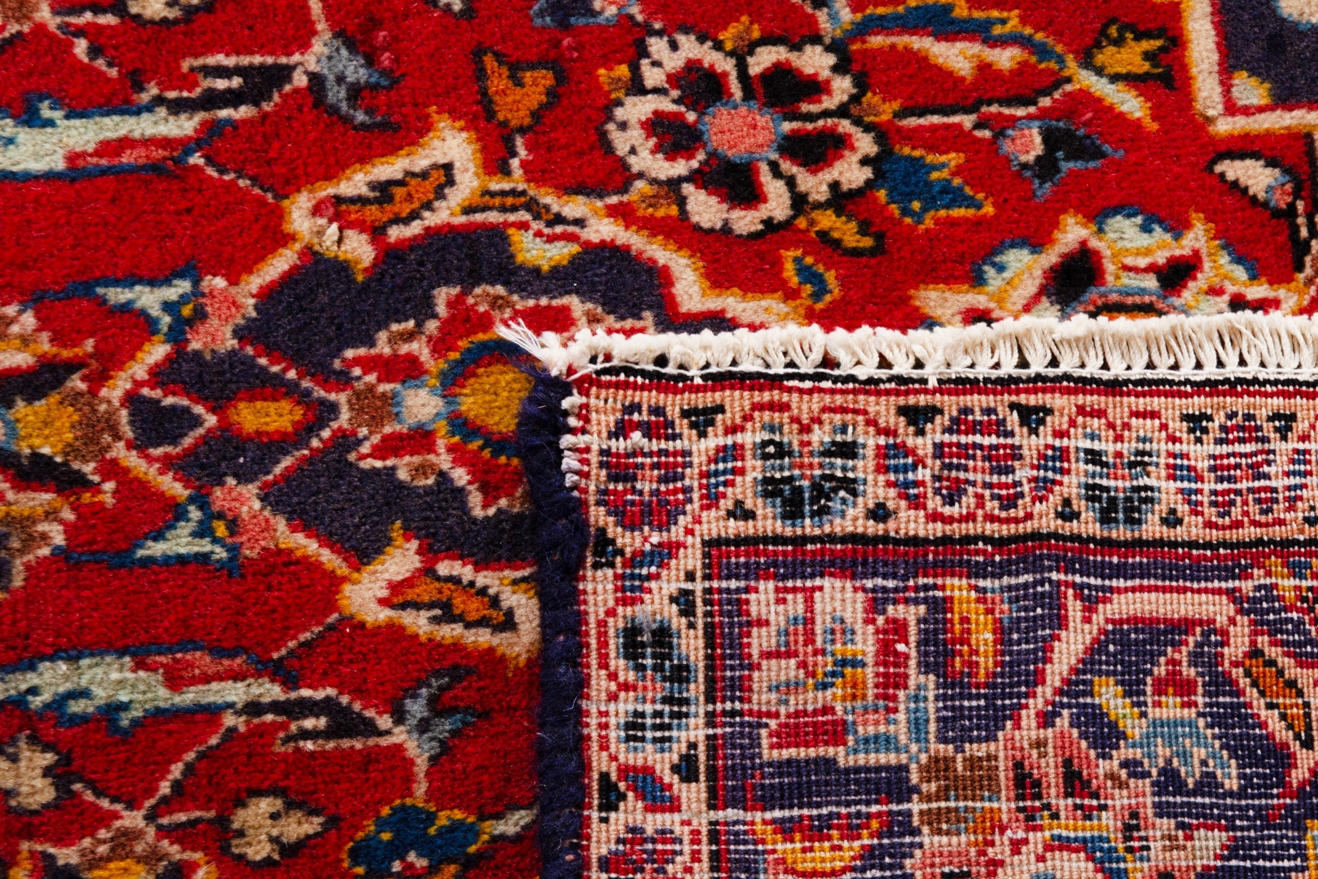 Persian Kashan area rug in deep red and navy, view 18 of 18