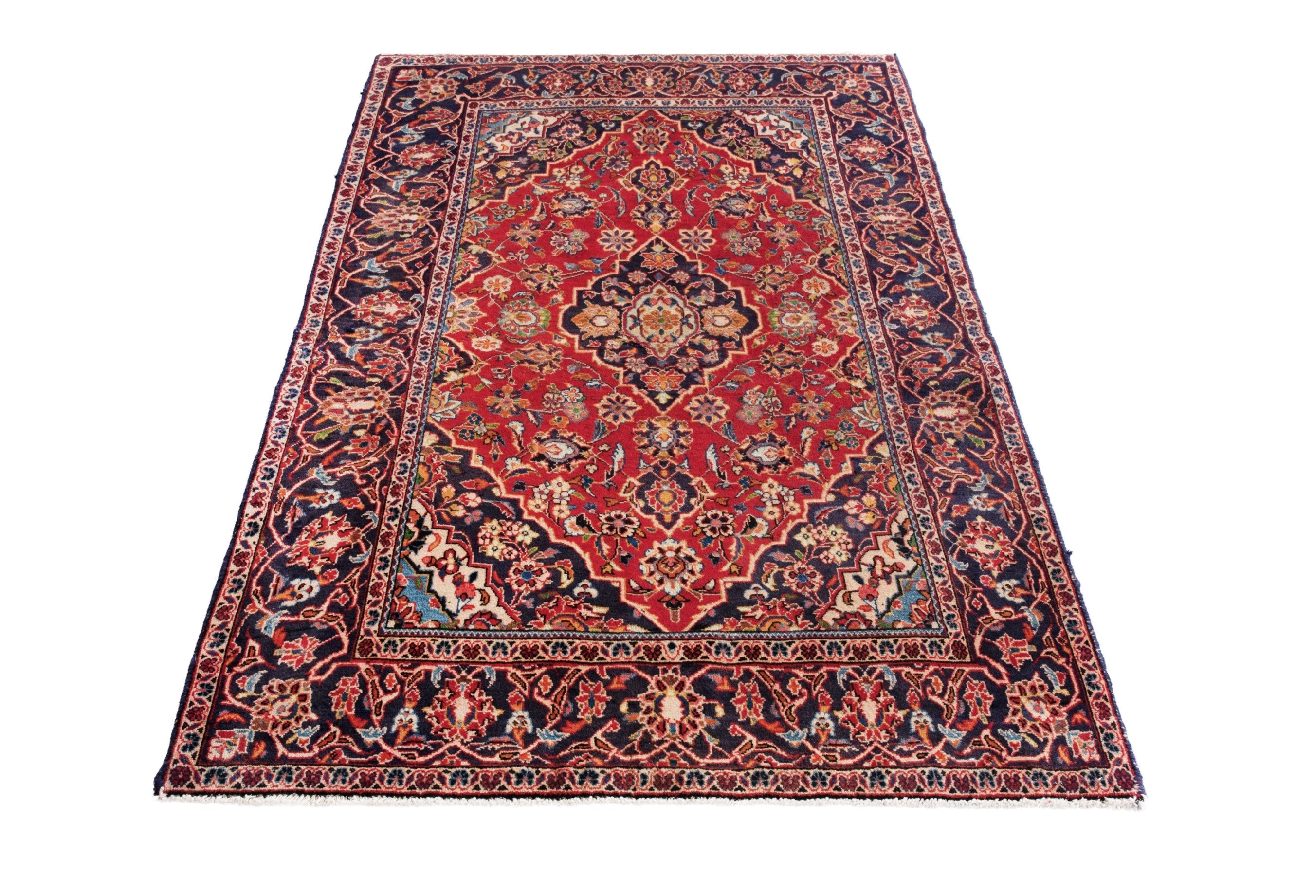 Persian Kashan area rug in deep red and navy, view 2 of 18