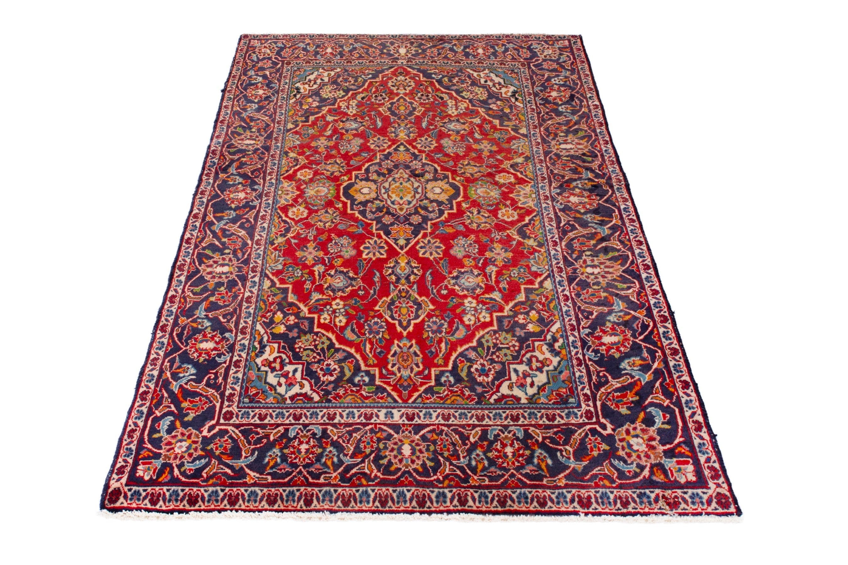 Persian Kashan area rug in deep red and navy, view 3 of 18