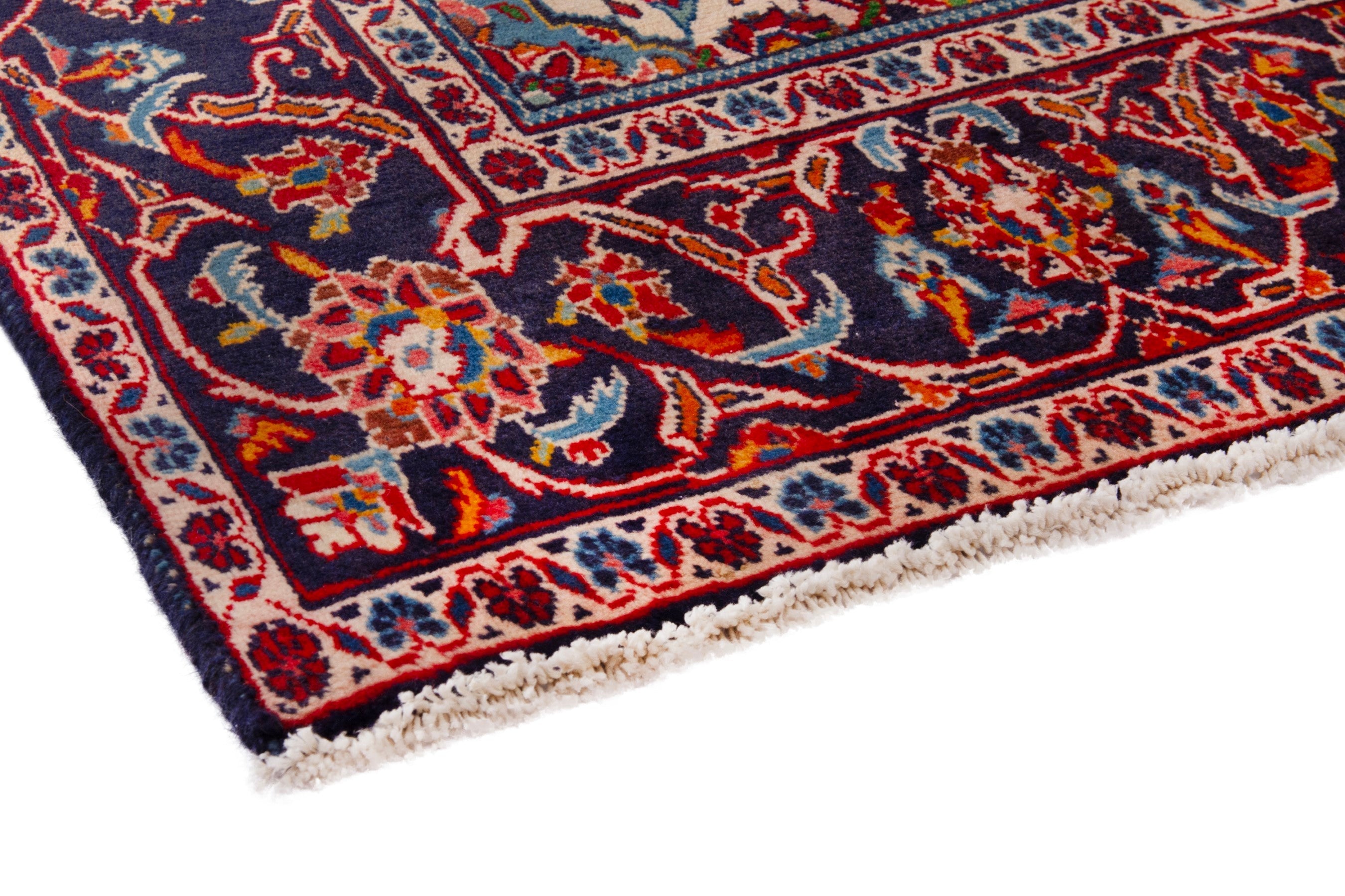 Persian Kashan area rug in deep red and navy, view 4 of 18