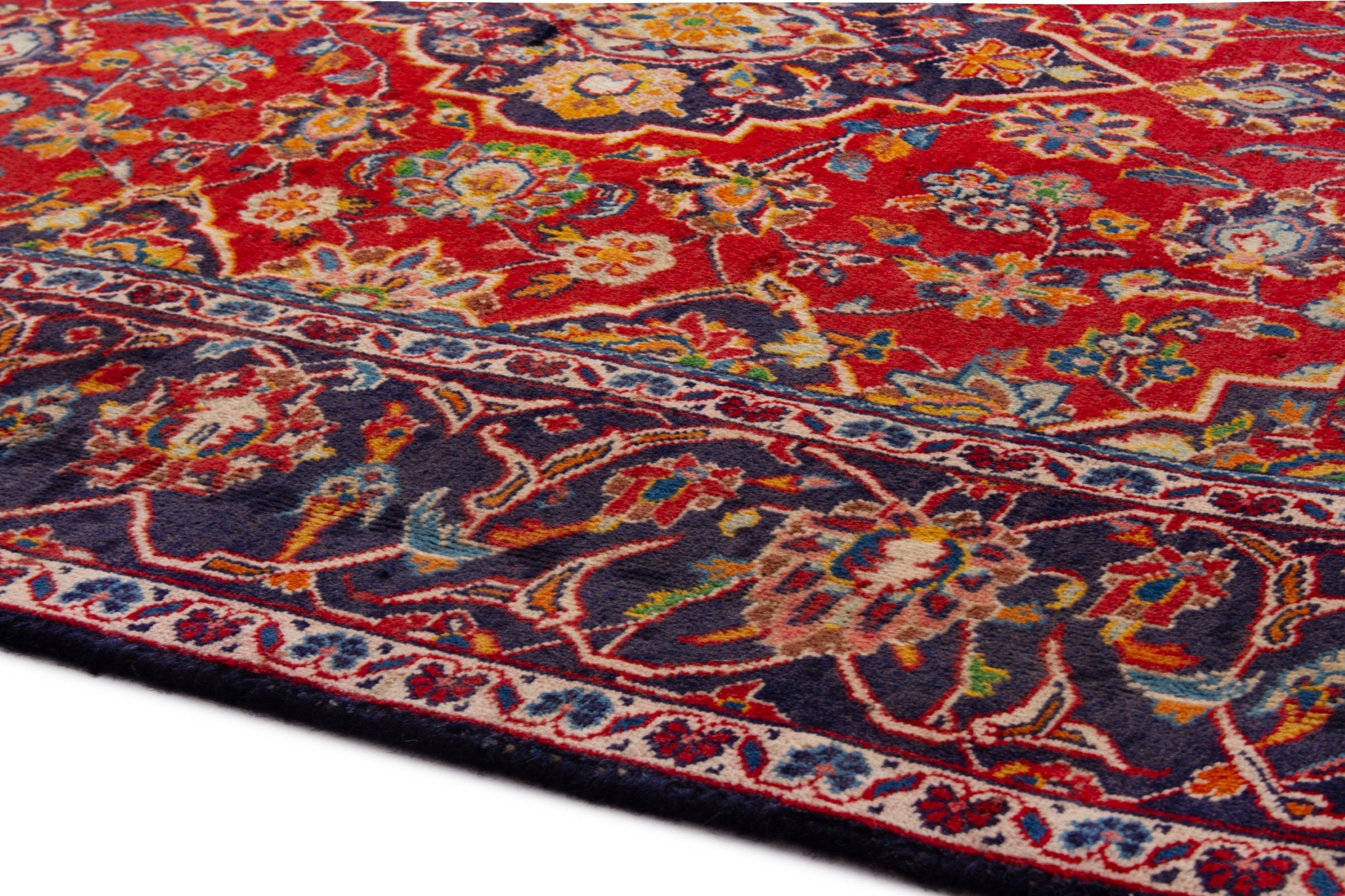 Persian Kashan area rug in deep red and navy, view 5 of 18