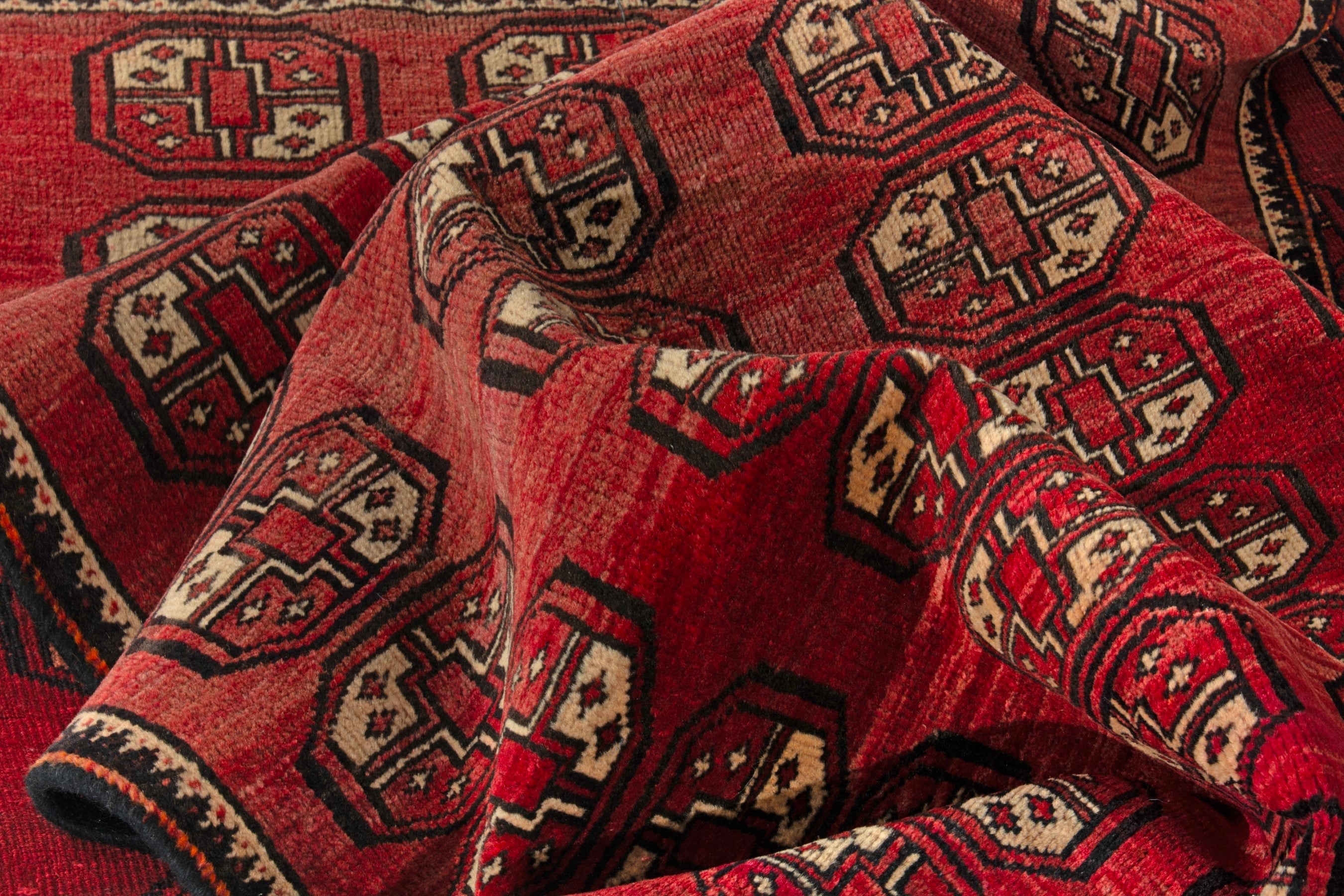 Persian Baluch runner rug in deep red and antique gold, view 14 of 16