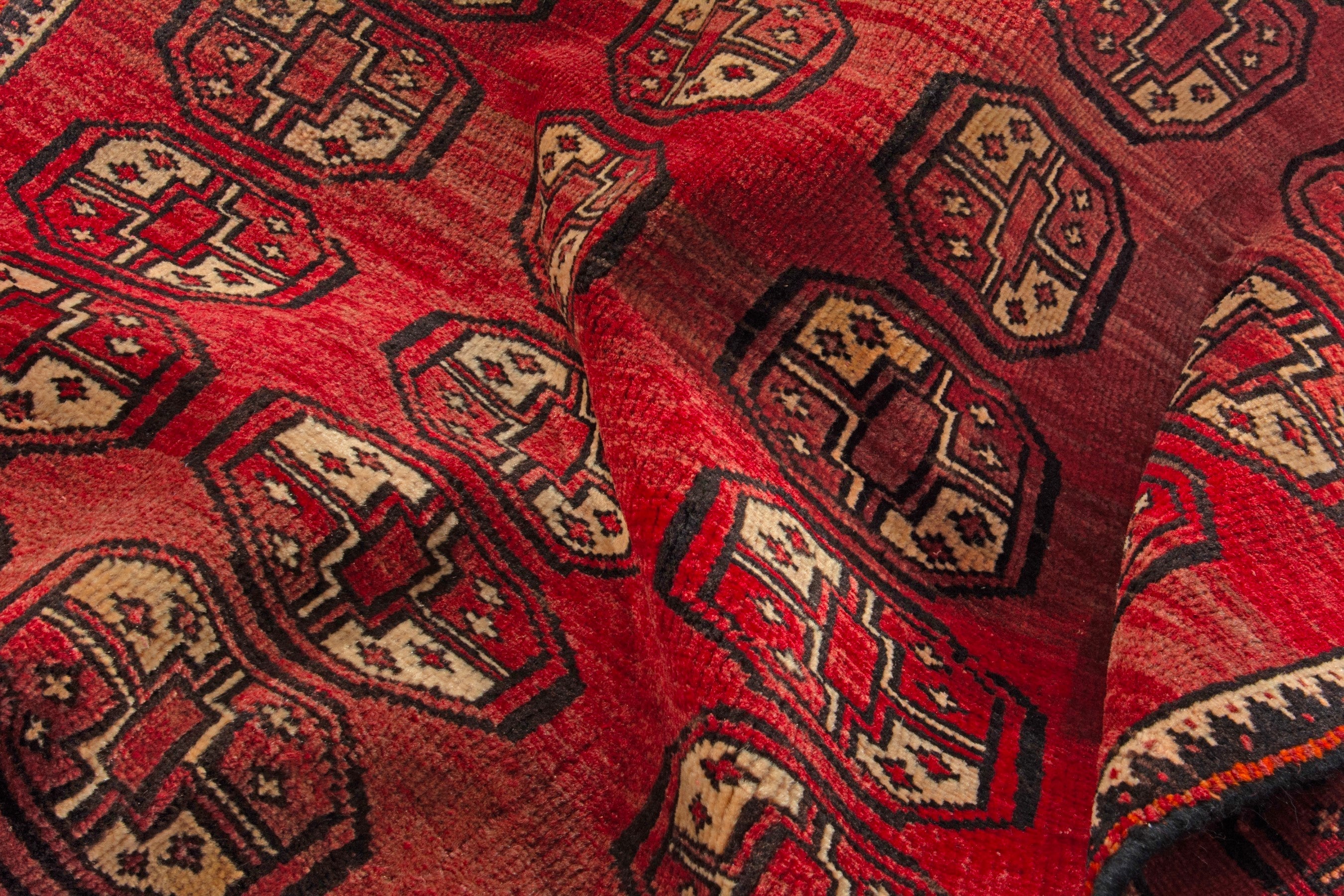 Persian Baluch runner rug in deep red and antique gold, view 16 of 16