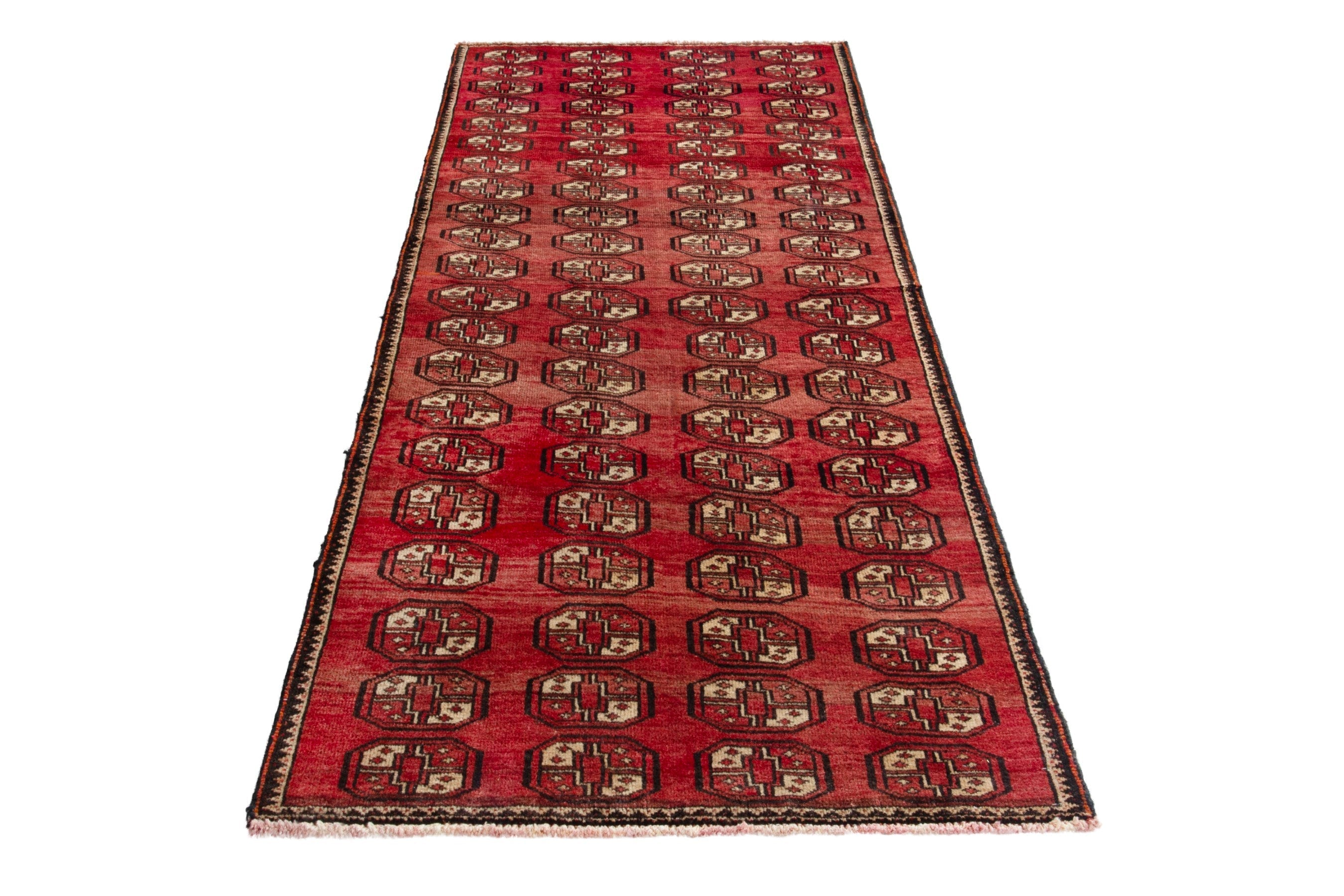 Persian Baluch runner rug in deep red and antique gold, view 2 of 16