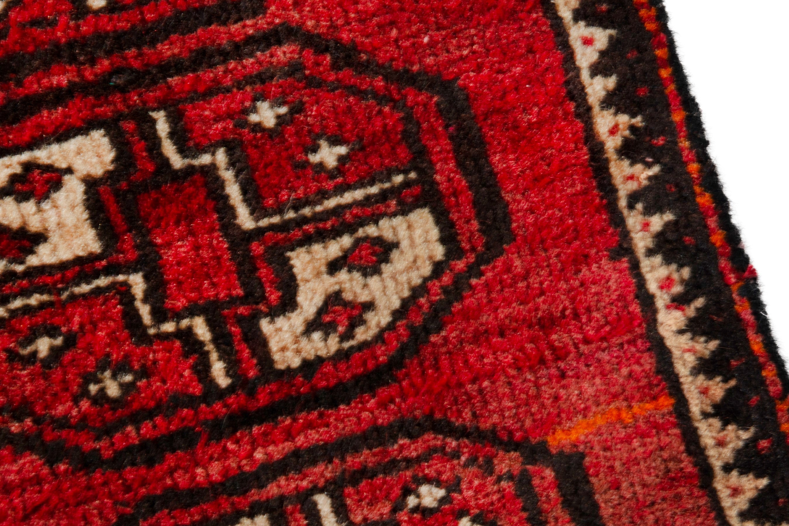 Persian Baluch runner rug in deep red and antique gold, view 9 of 16