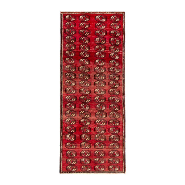 Persian Baluch runner rug in deep red and antique gold, 3'2" x 8'2"