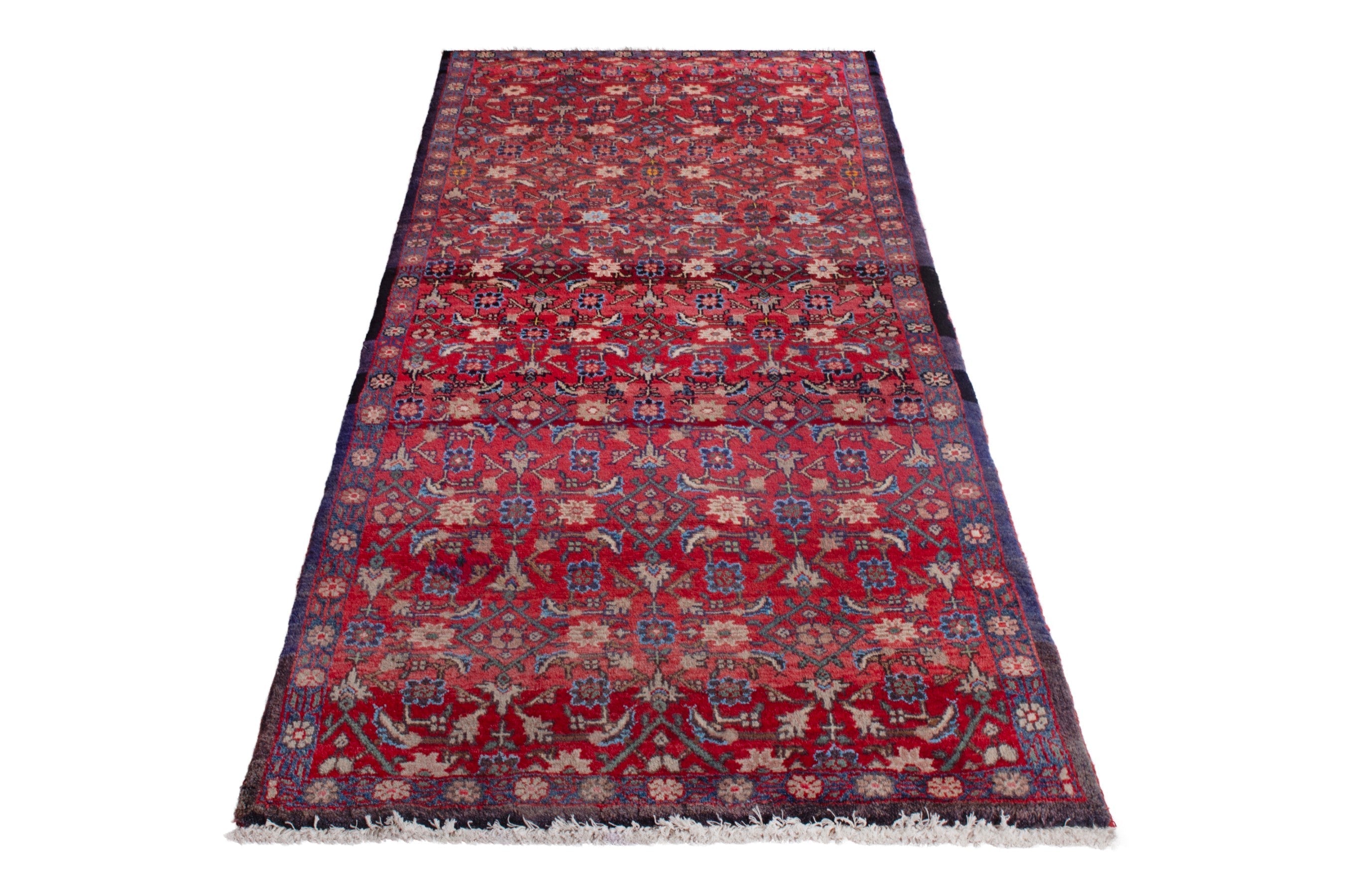 Persian Hamedan runner rug in deep red and denim, view 2 of 19