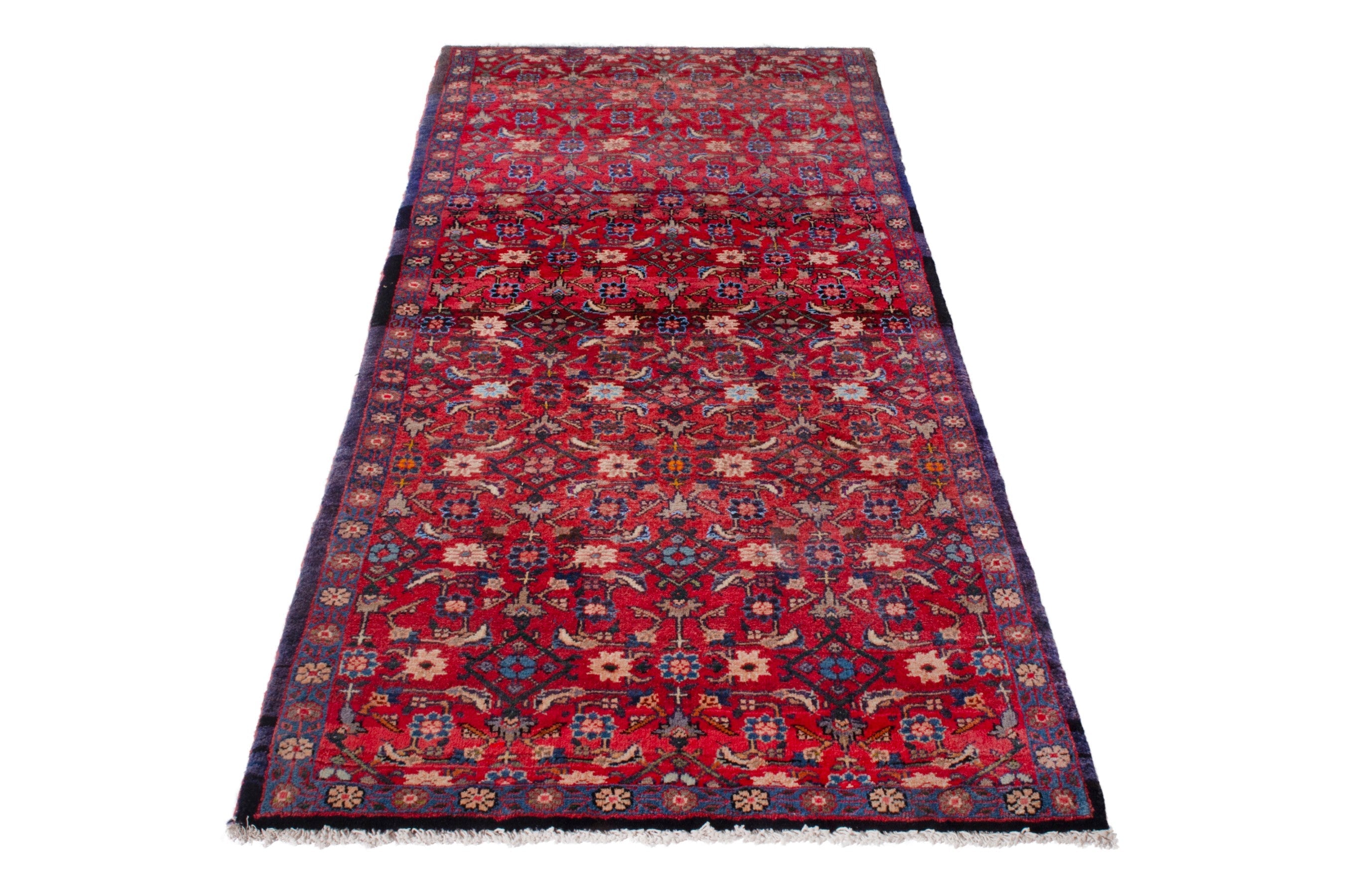 Persian Hamedan runner rug in deep red and denim, view 3 of 19