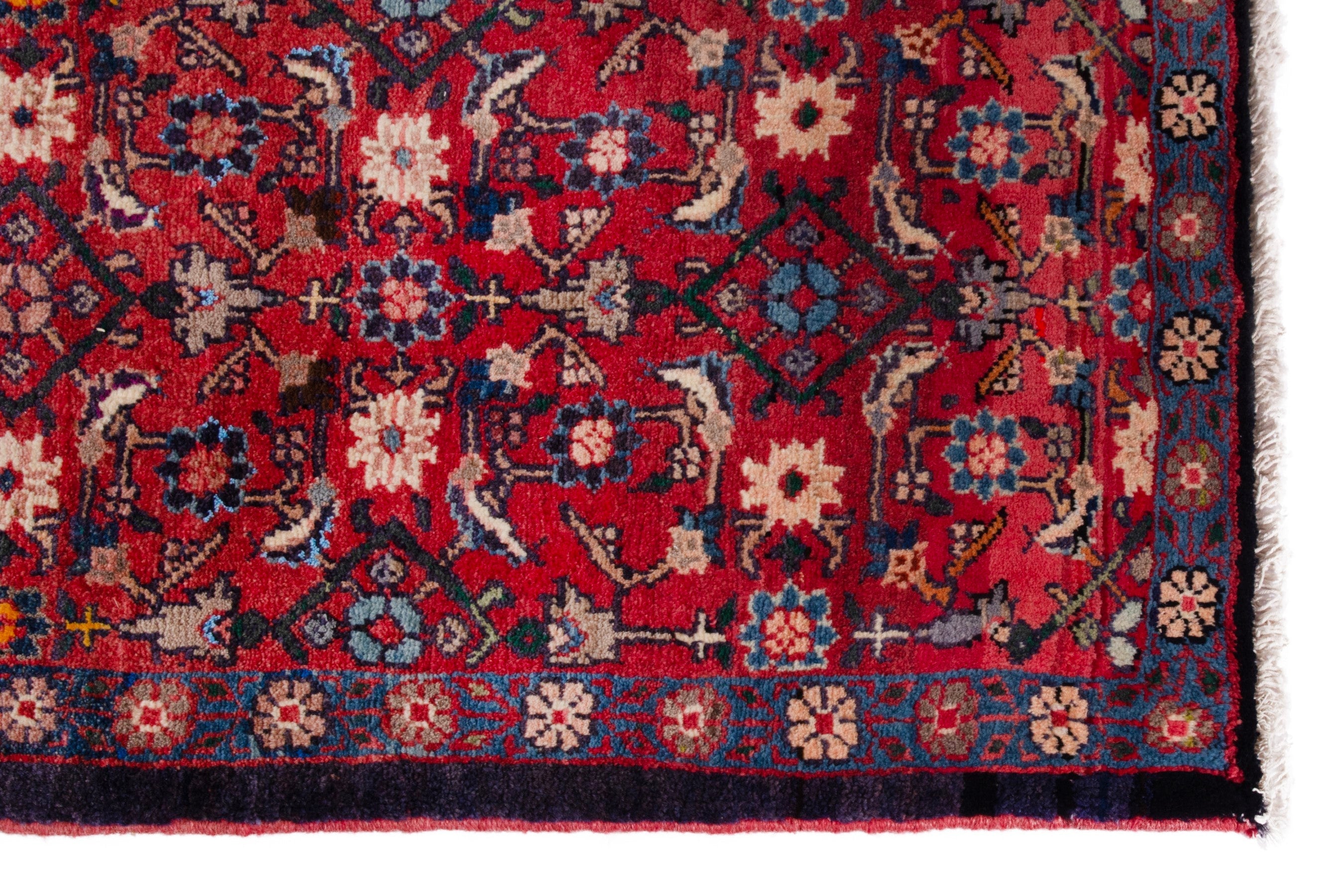 Persian Hamedan runner rug in deep red and denim, view 10 of 19