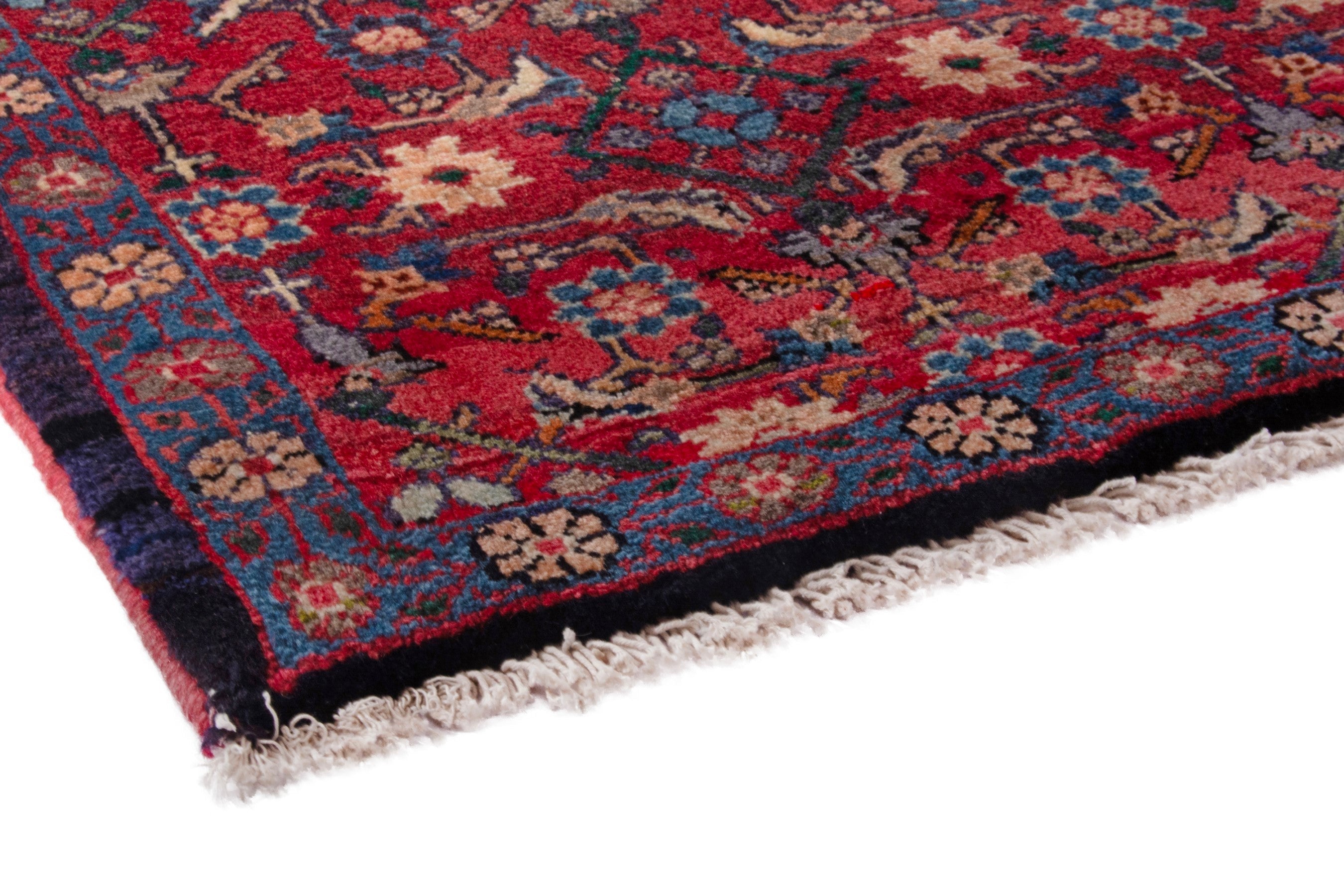 Persian Hamedan runner rug in deep red and denim, view 4 of 19