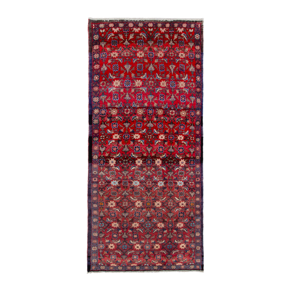 Persian Hamadan runner rug in deep red and denim, 3'10" x 8'8"