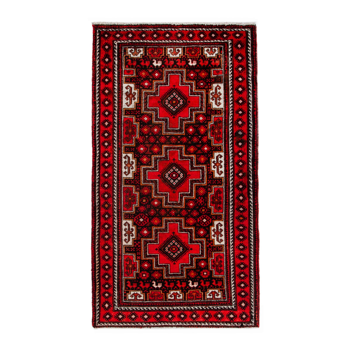 Persian Baluch area rug in deep red and burgundy, 3'11" x 7'3"