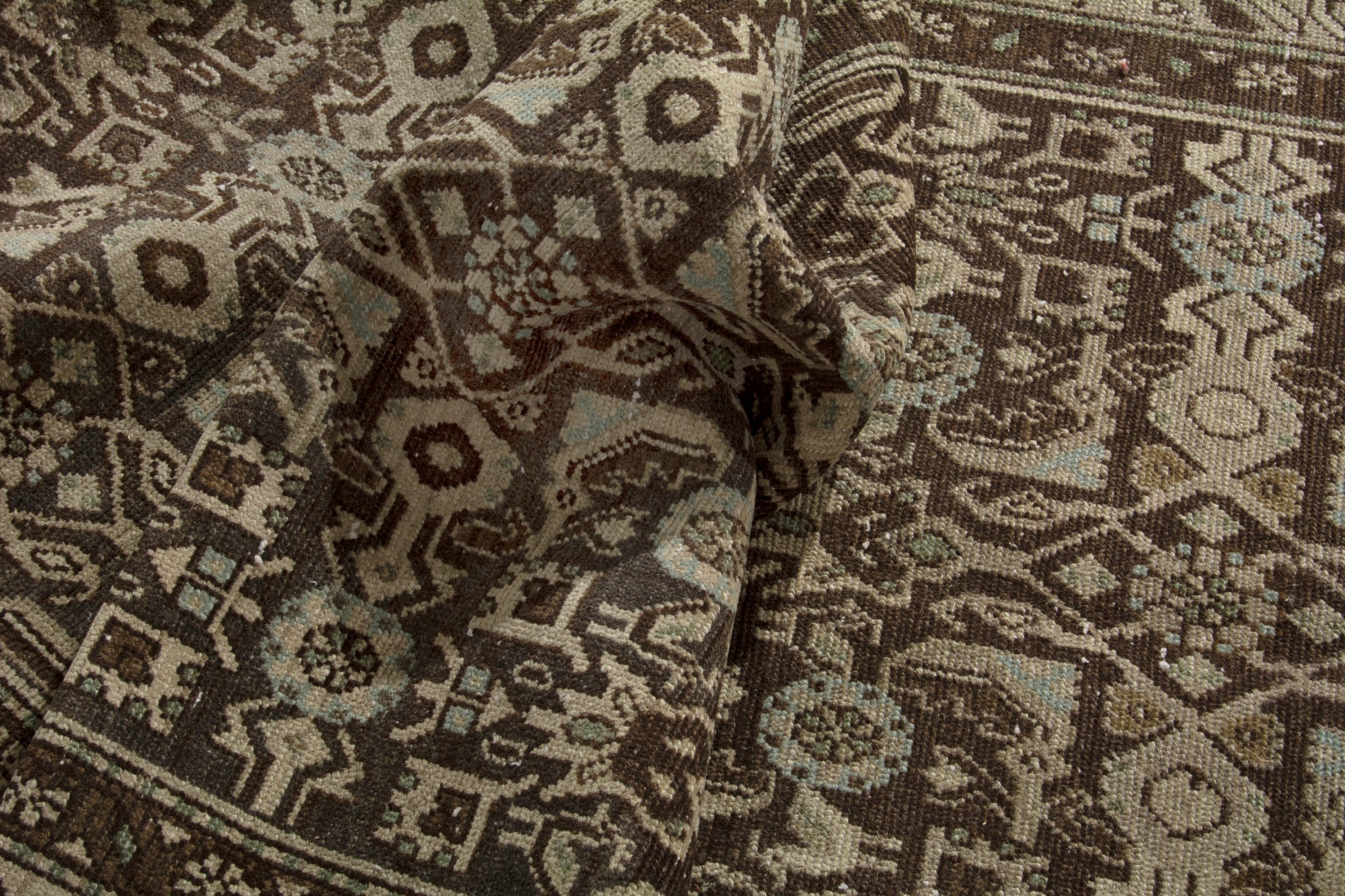 Persian Hamedan runner rug in taupe and dark brown, view 17 of 18