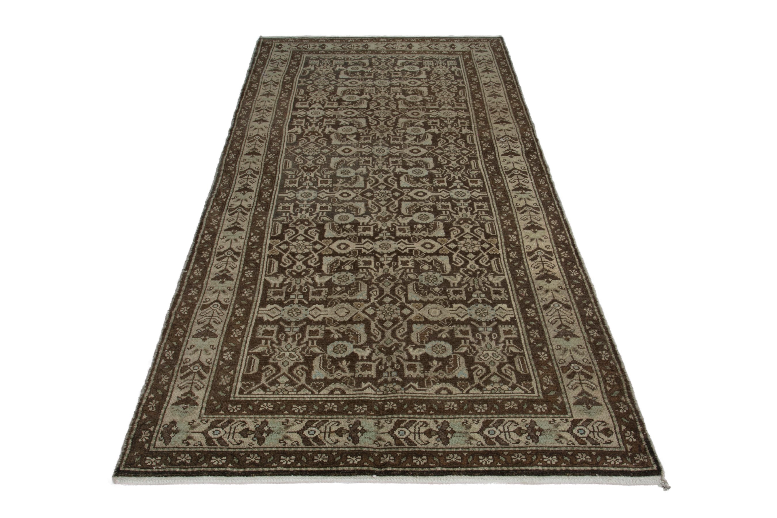 Persian Hamedan runner rug in taupe and dark brown, view 2 of 18