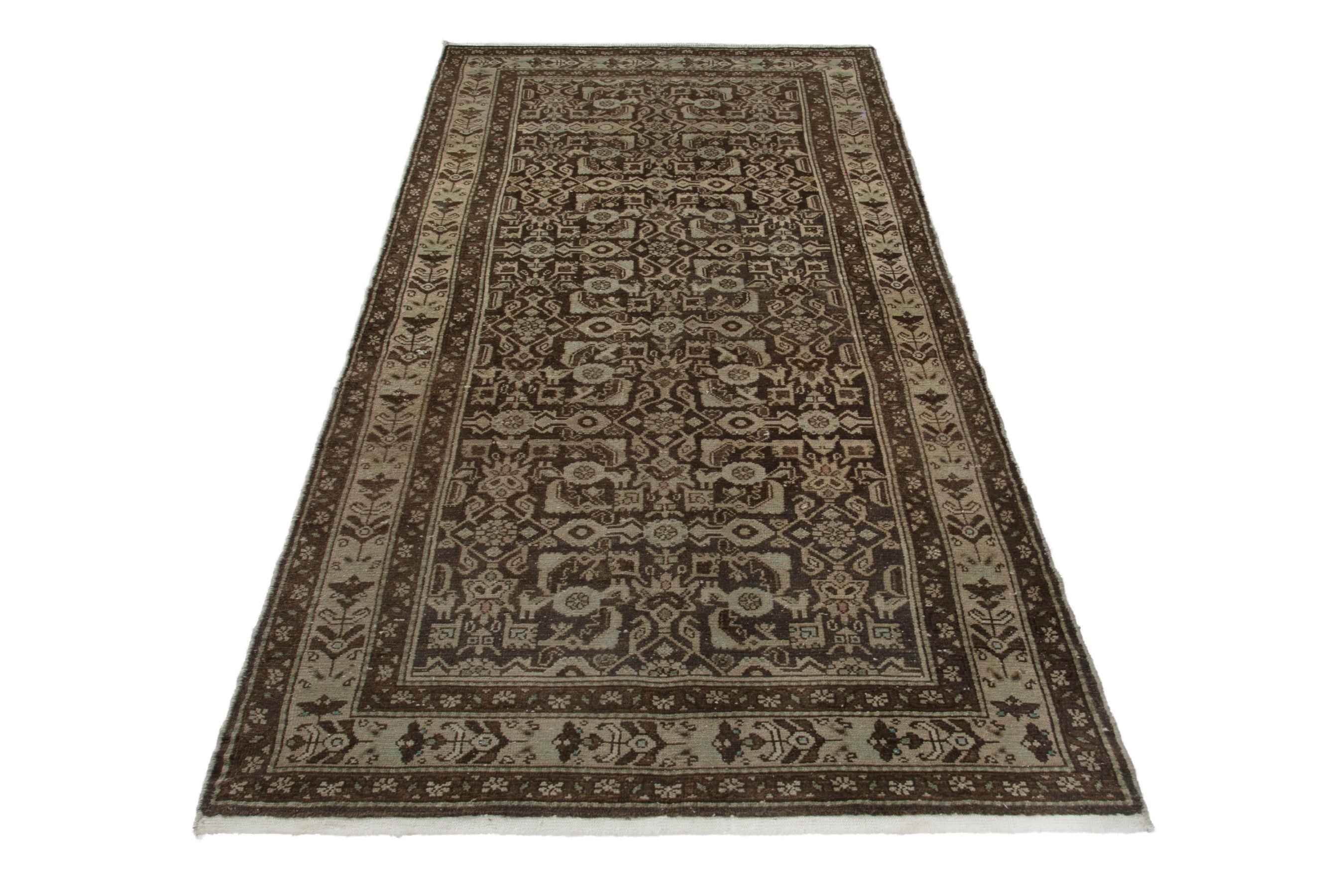 Persian Hamedan runner rug in taupe and dark brown, view 3 of 18