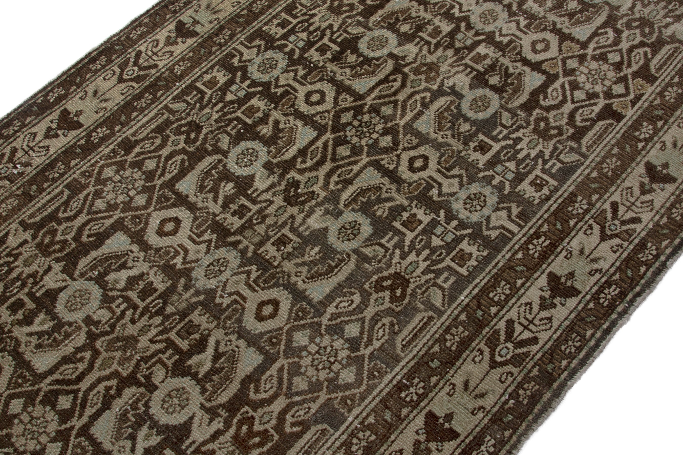 Persian Hamedan runner rug in taupe and dark brown, view 6 of 18