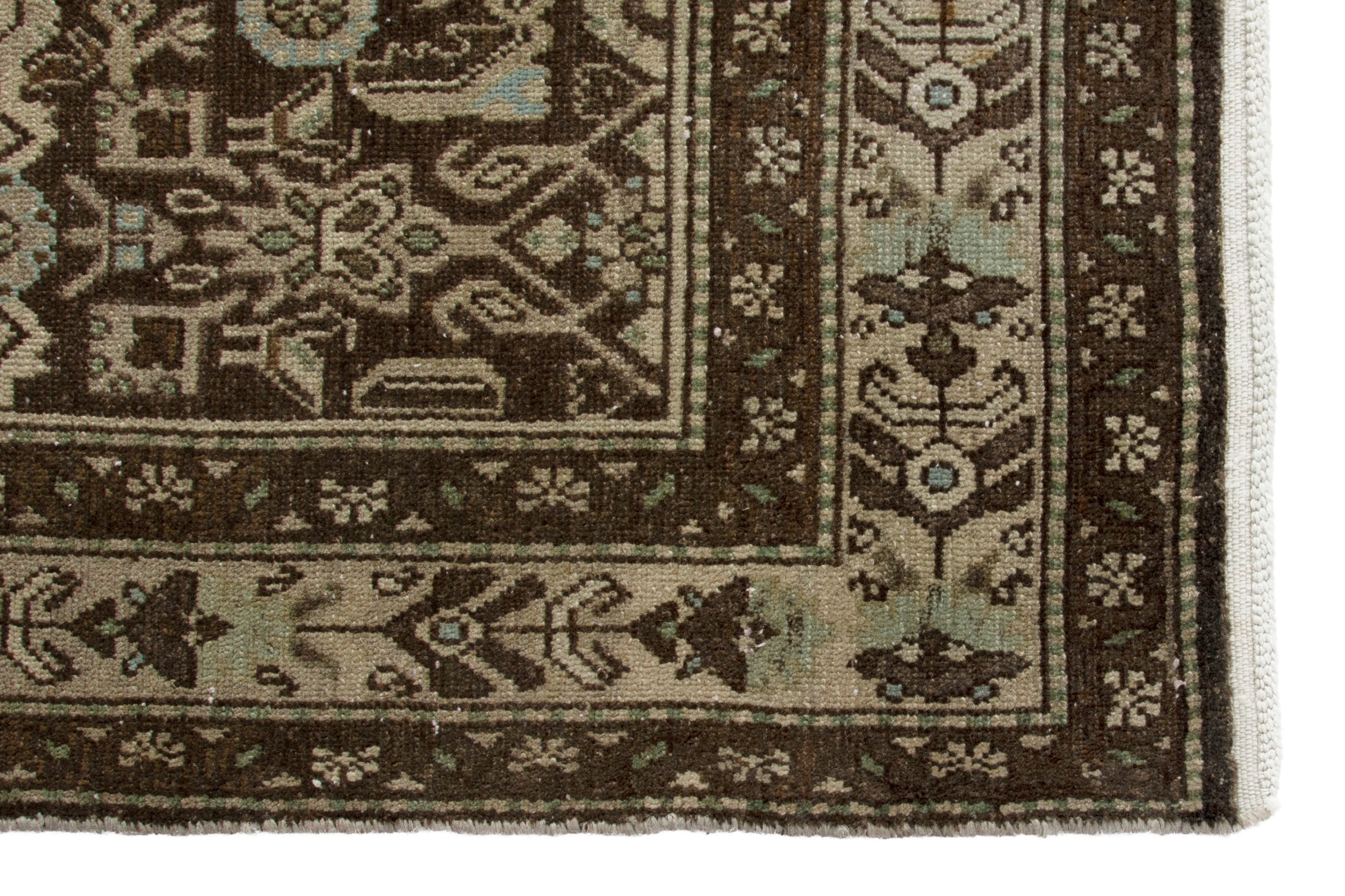 Persian Hamedan runner rug in taupe and dark brown, view 5 of 18