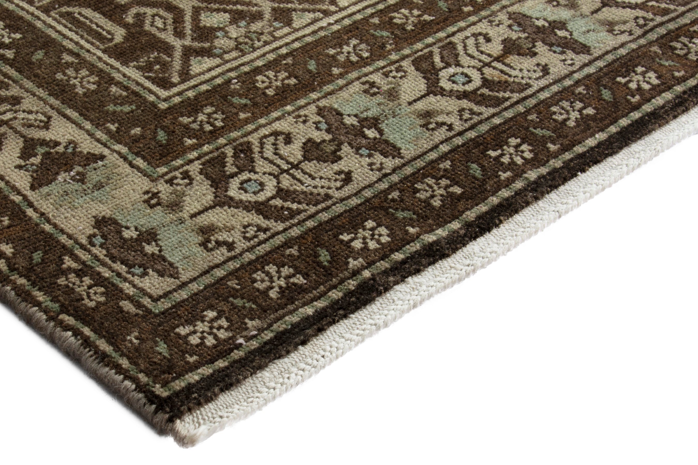 Persian Hamedan runner rug in taupe and dark brown, view 4 of 18