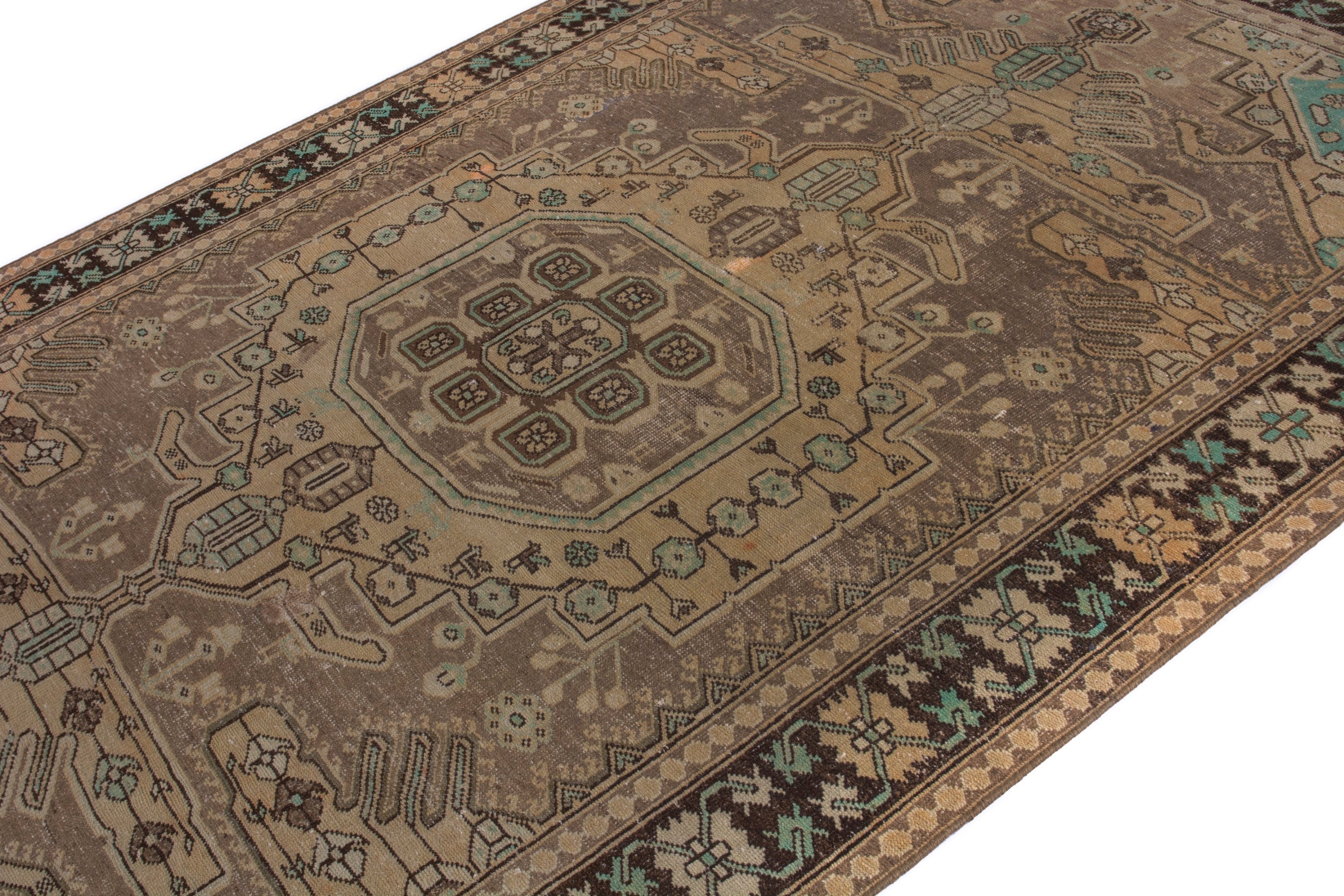 Persian Bakhtiari area rug in tan and dark brown, view 6 of 20