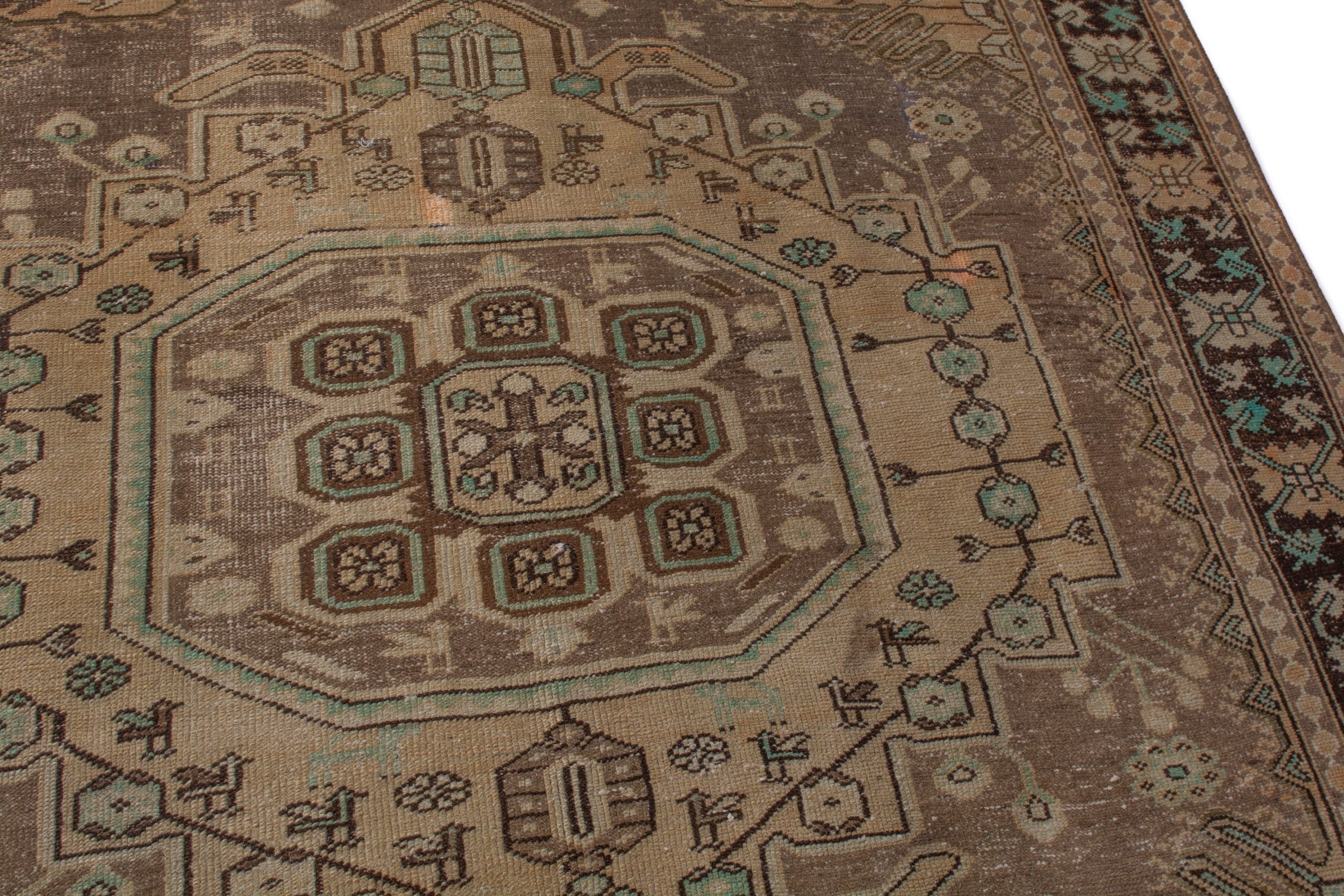 Persian Bakhtiari area rug in tan and dark brown, view 7 of 20
