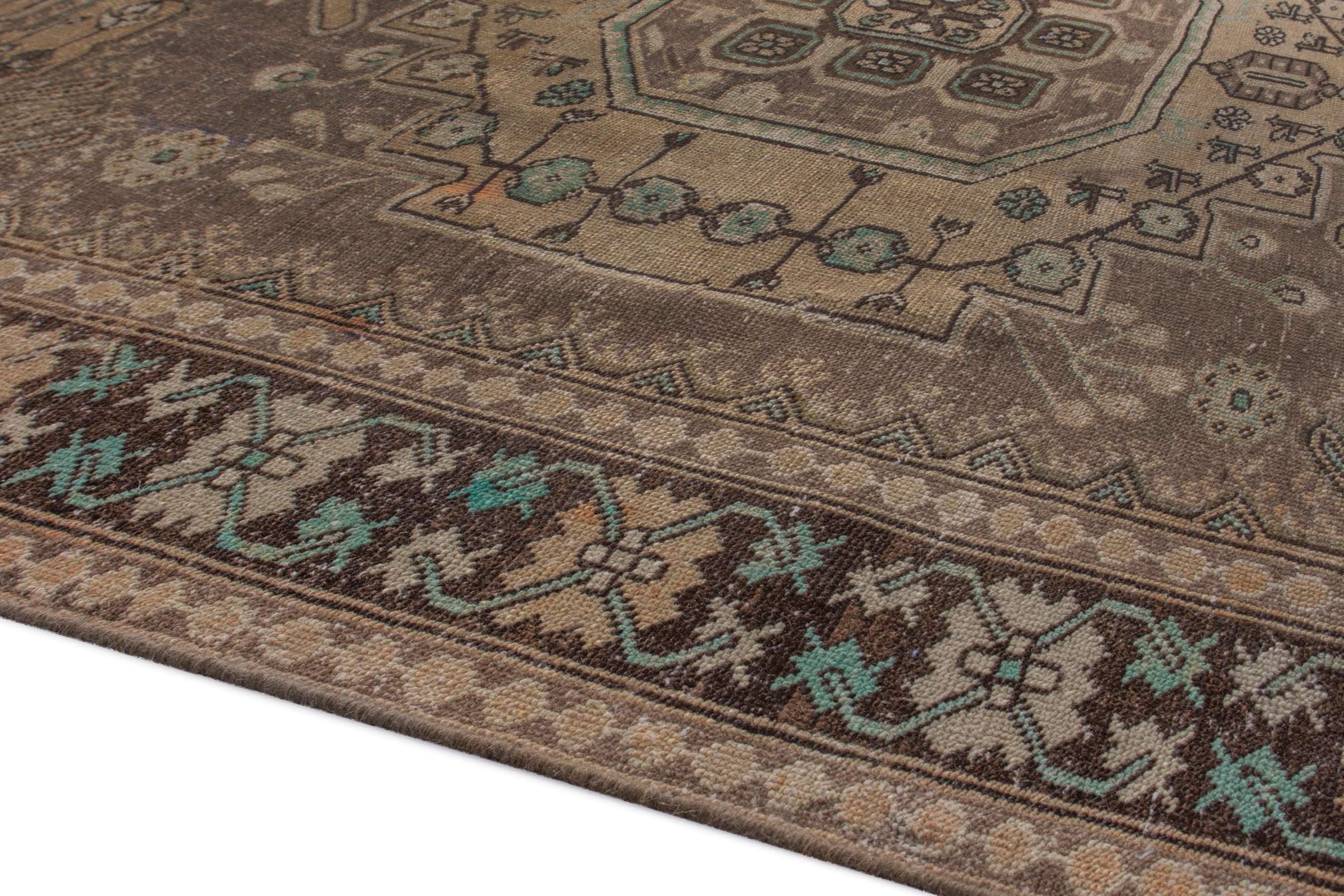 Persian Bakhtiari area rug in tan and dark brown, view 10 of 20