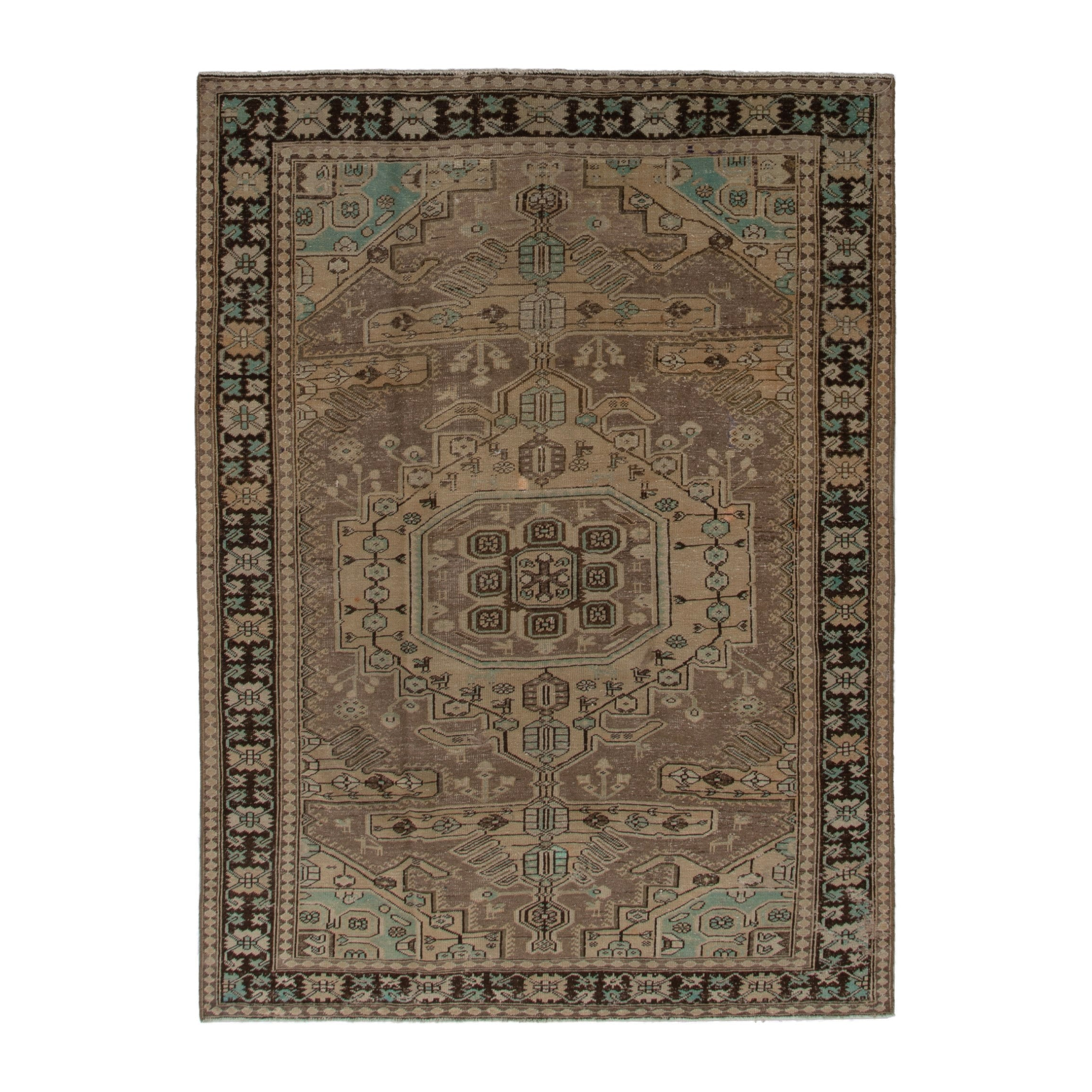 Persian Bakhtiari area rug in tan and dark brown, 6'8" x 9'9"