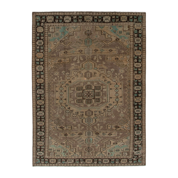Persian Bakhtiari area rug in tan and dark brown, 6'8" x 9'9"