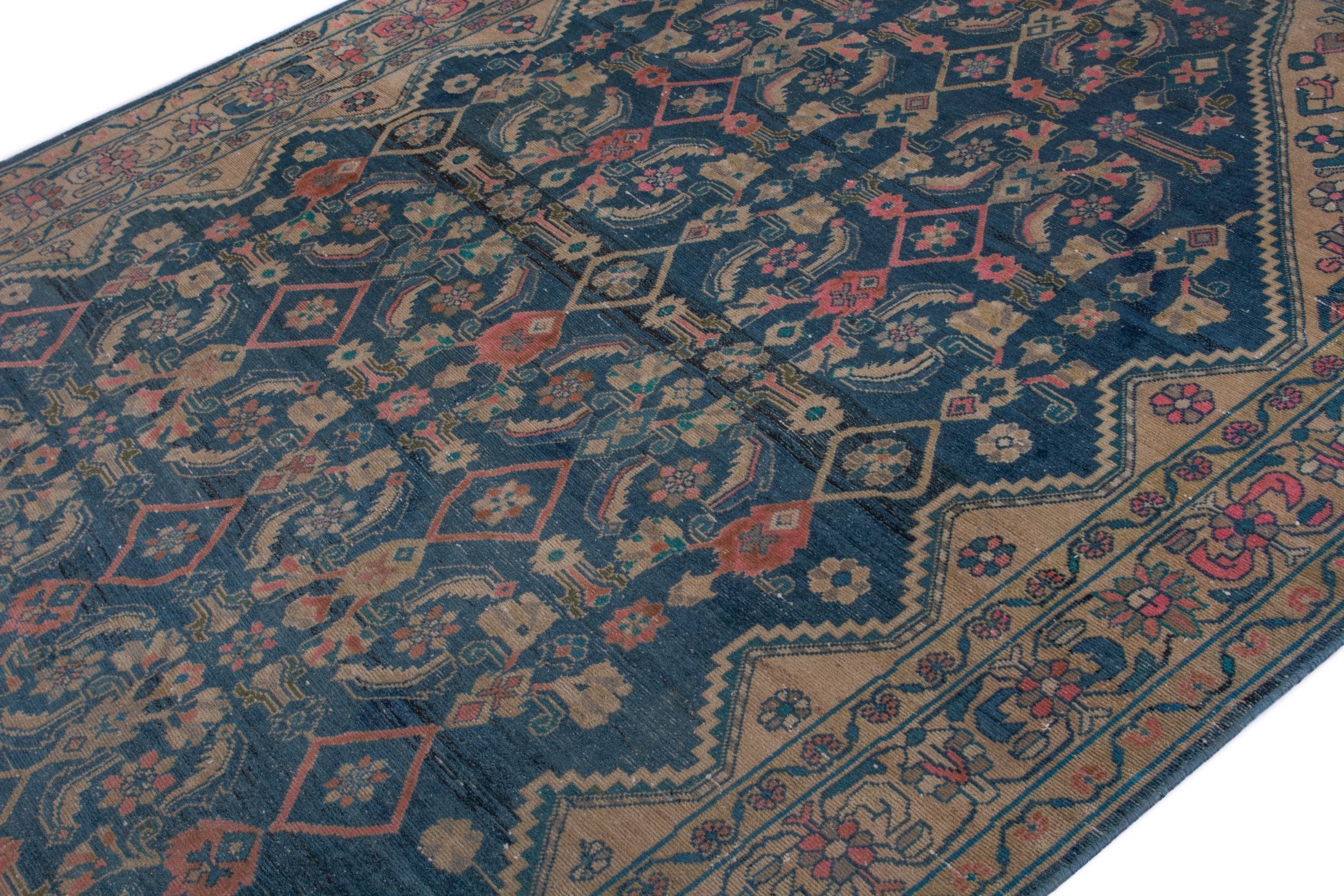 Persian Malayer area rug in navy and dusty rose, view 6 of 24