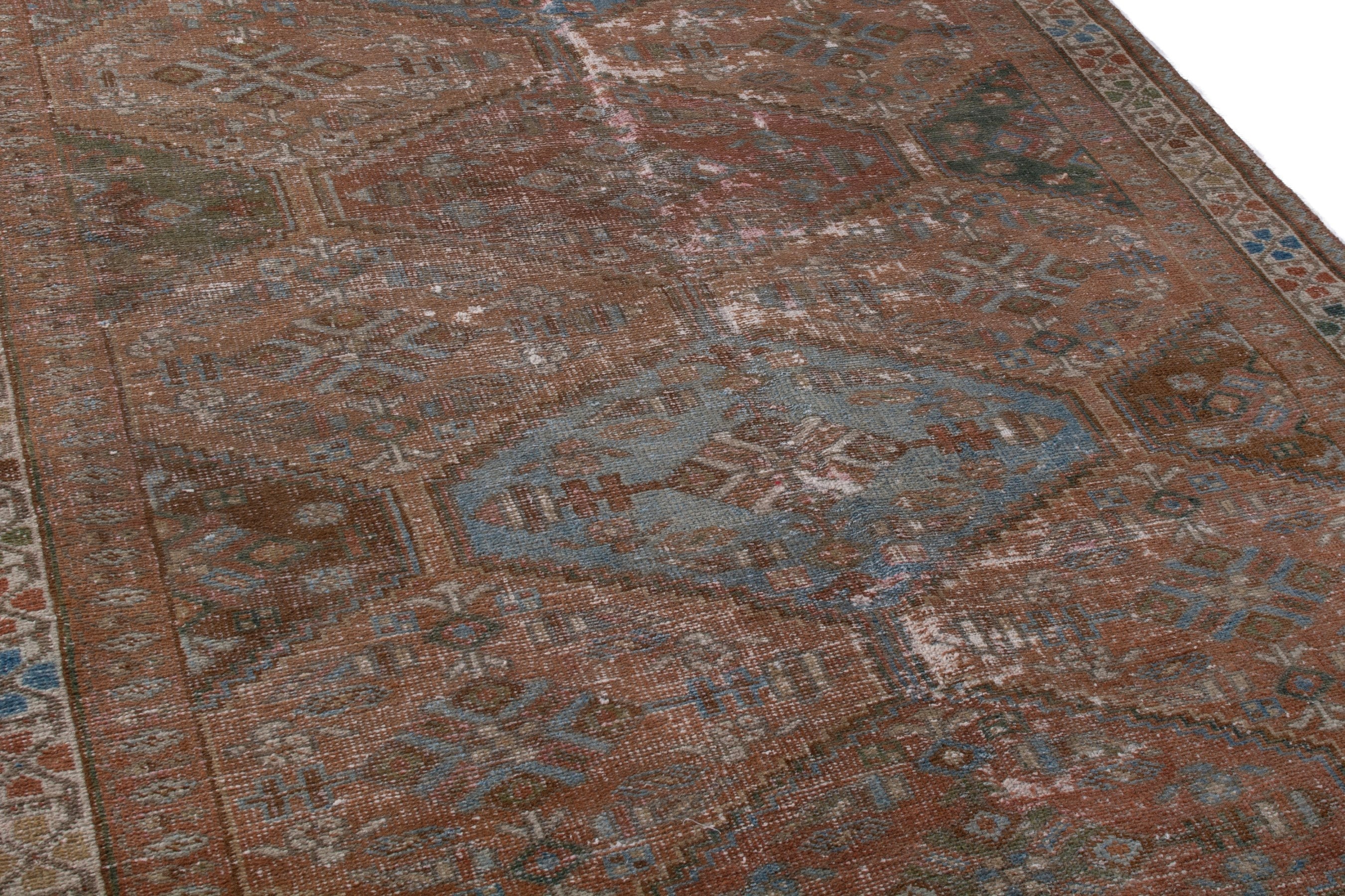 Persian Shiraz area rug in rust and teal, view 10 of 20