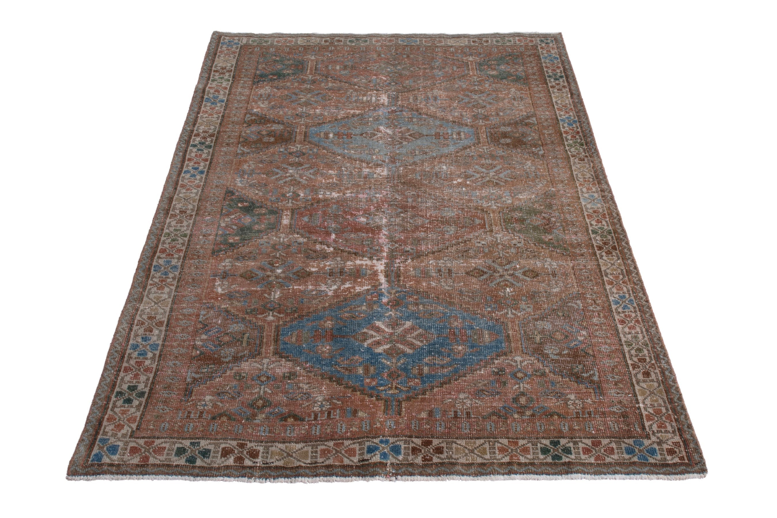 Persian Shiraz area rug in rust and teal, view 2 of 20
