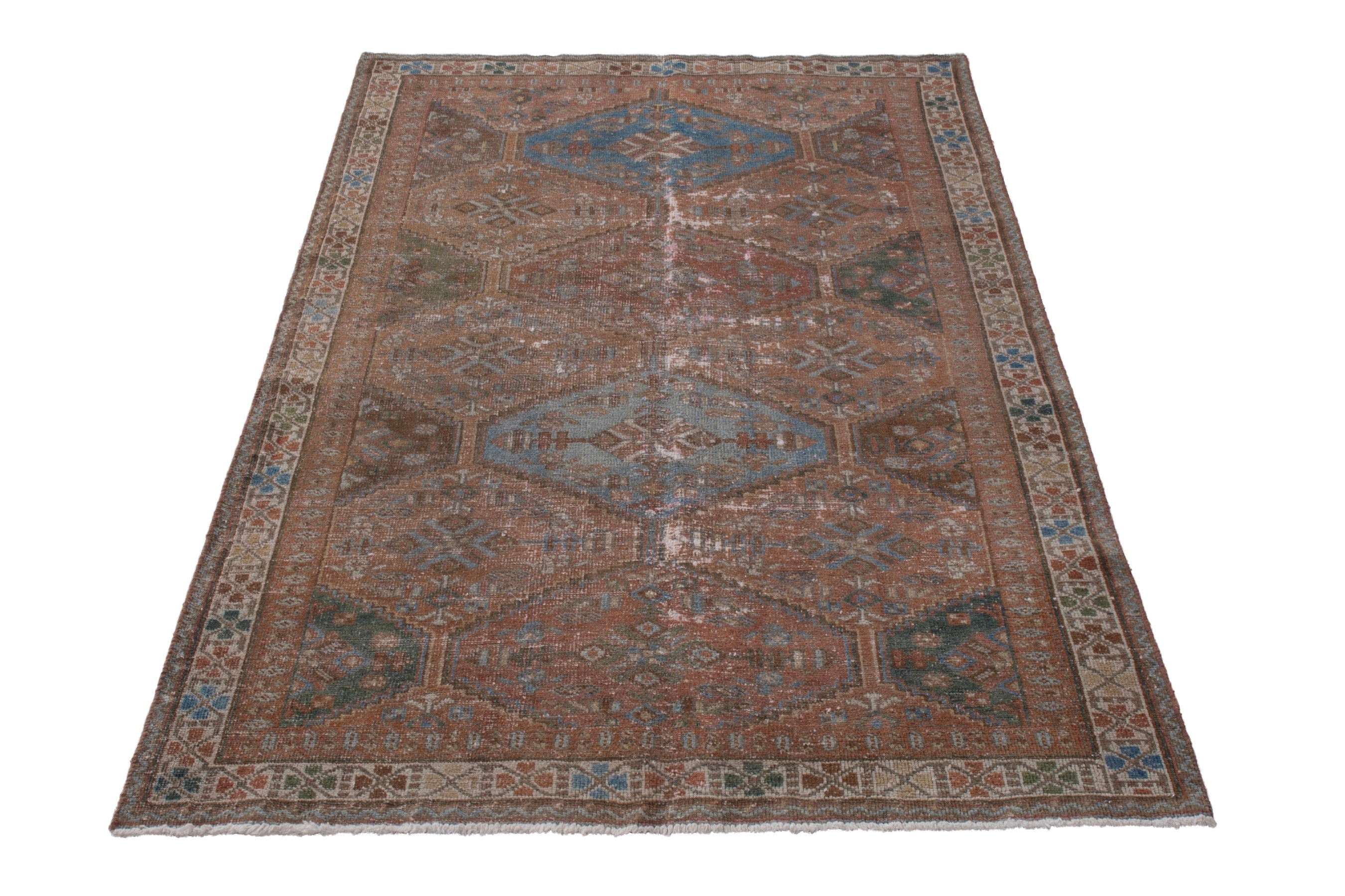 Persian Shiraz area rug in rust and teal, view 3 of 20