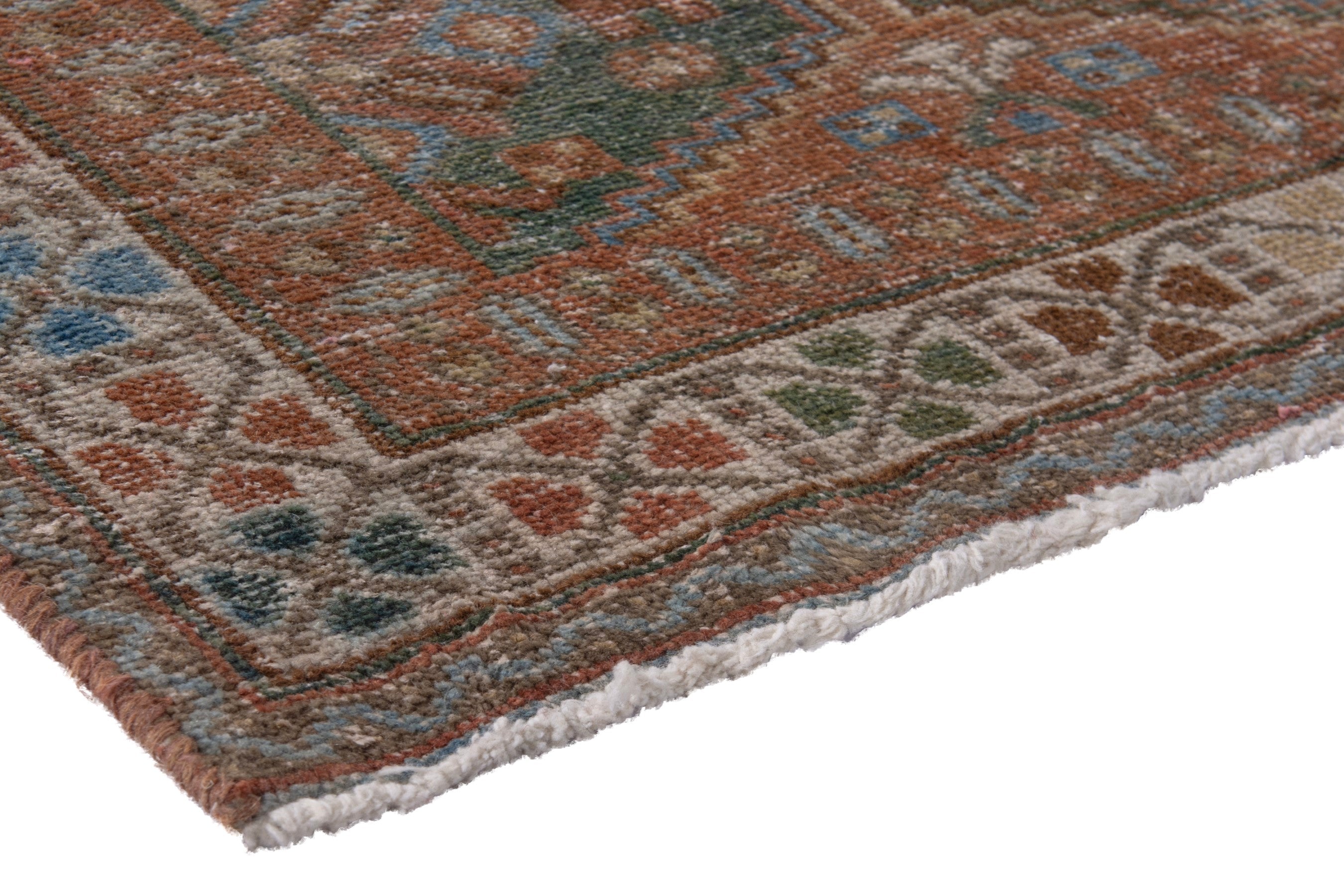 Persian Shiraz area rug in rust and teal, view 4 of 20