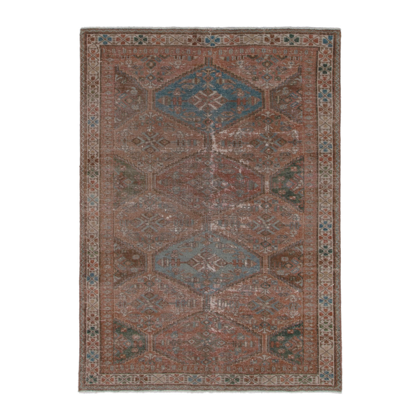Persian Shiraz area rug in rust and teal, 4'9" x 6'6"