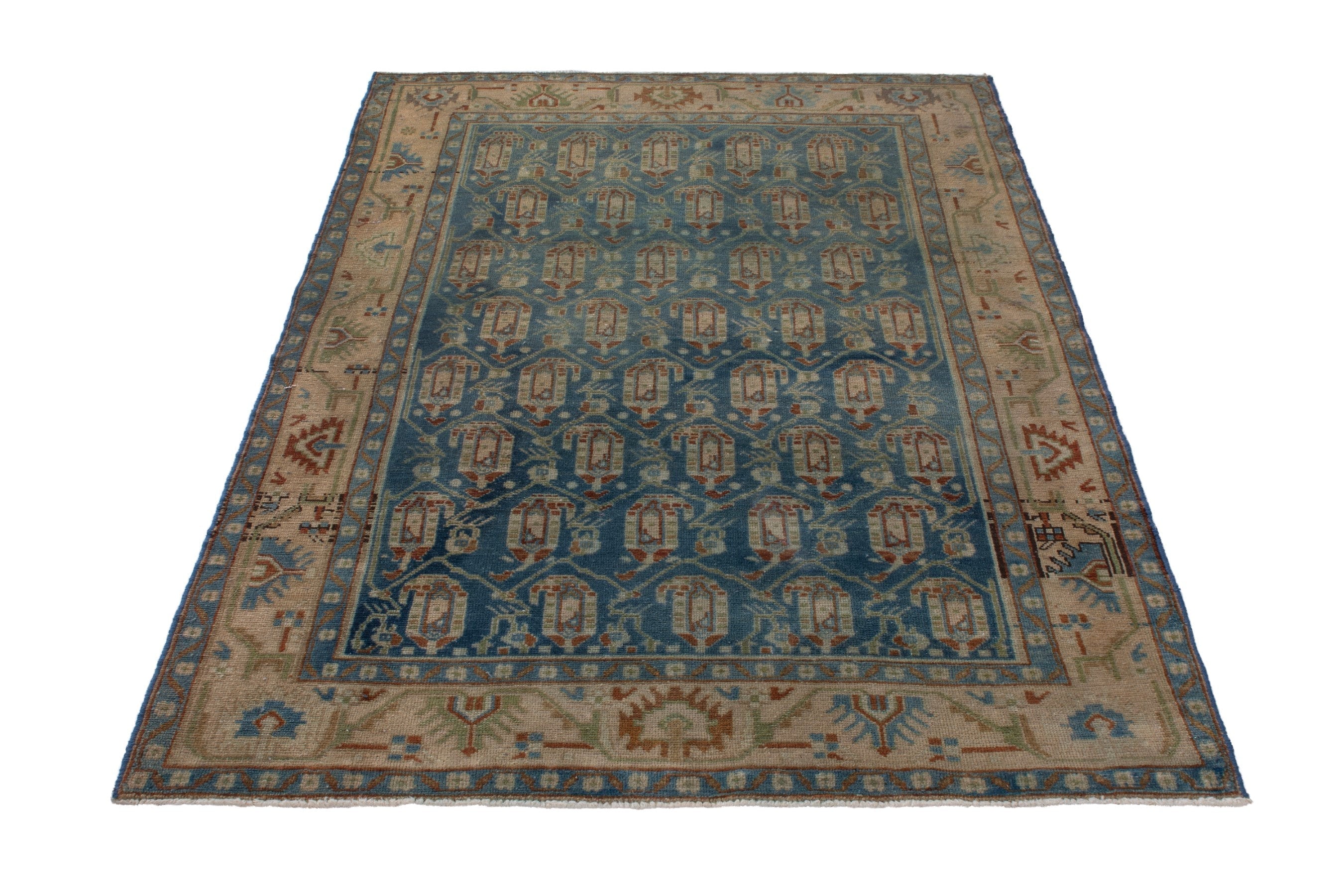 Persian Borujerd area rug in teal and beige, view 3 of 22