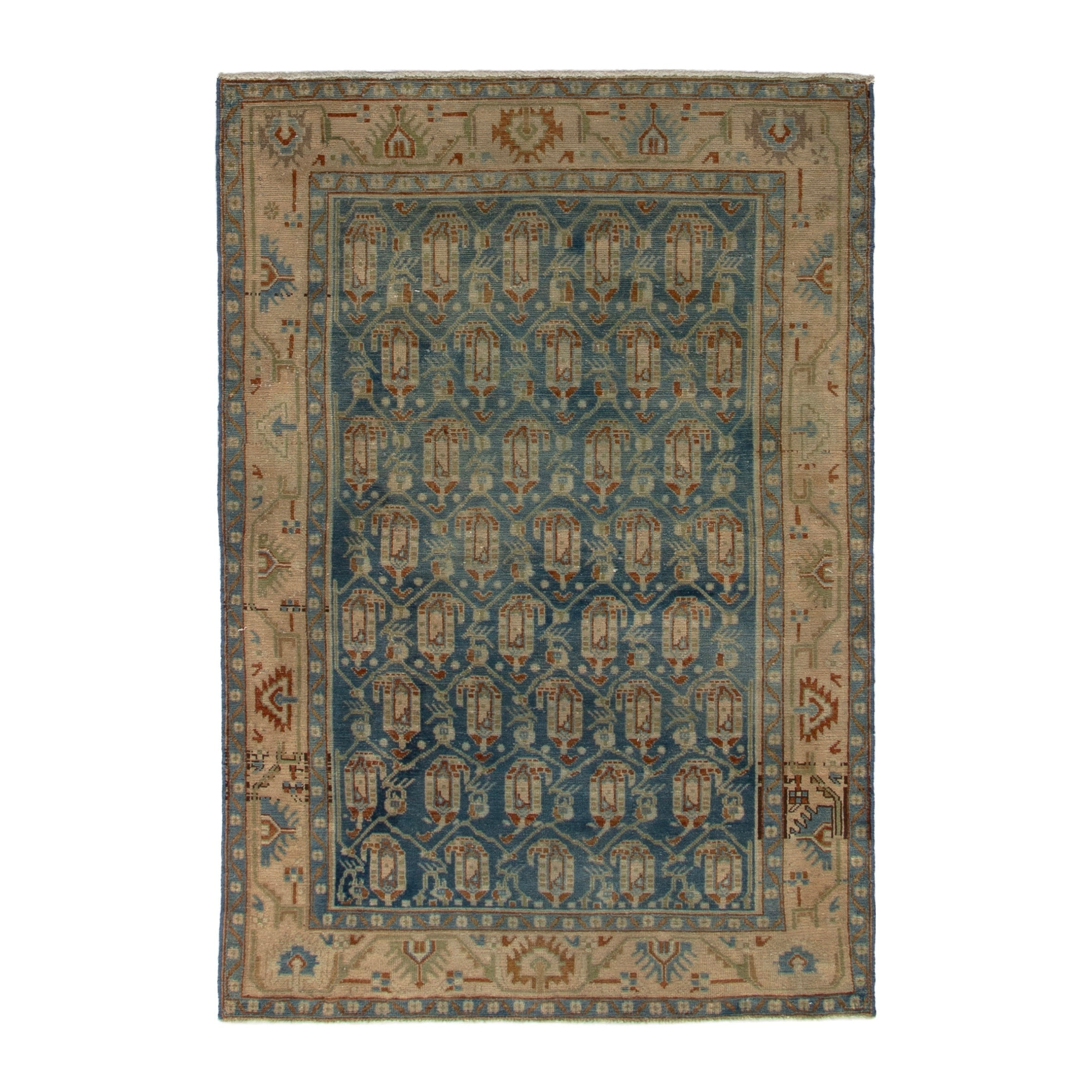 Persian Borujerd area rug in teal and beige, 4'6" x 6'11"