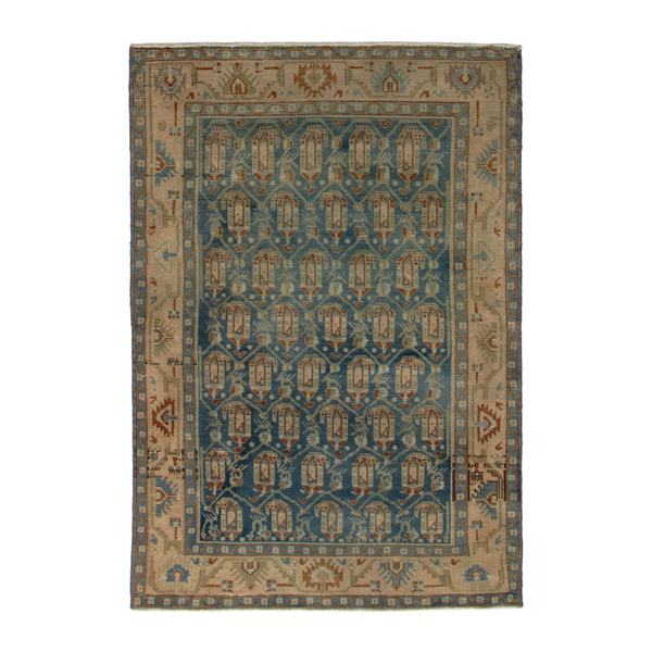 Persian Borujerd area rug in teal and beige, 4'6" x 6'11"