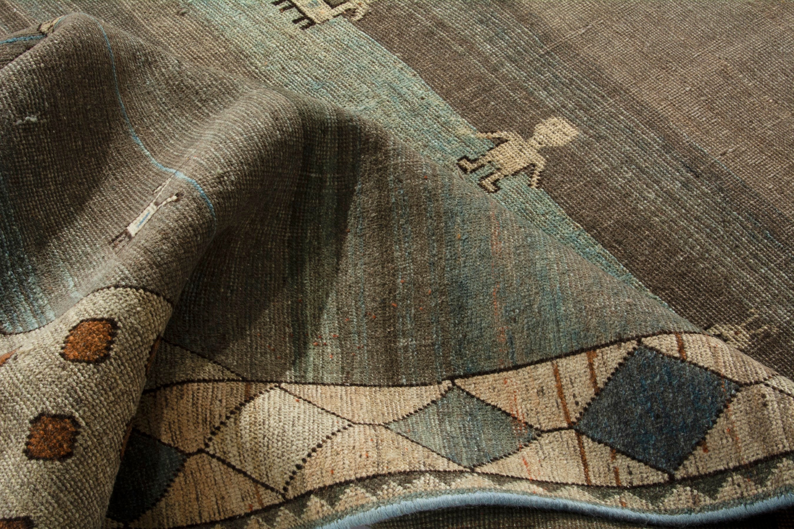 Persian Gabbeh area rug in taupe and sage, view 17 of 18