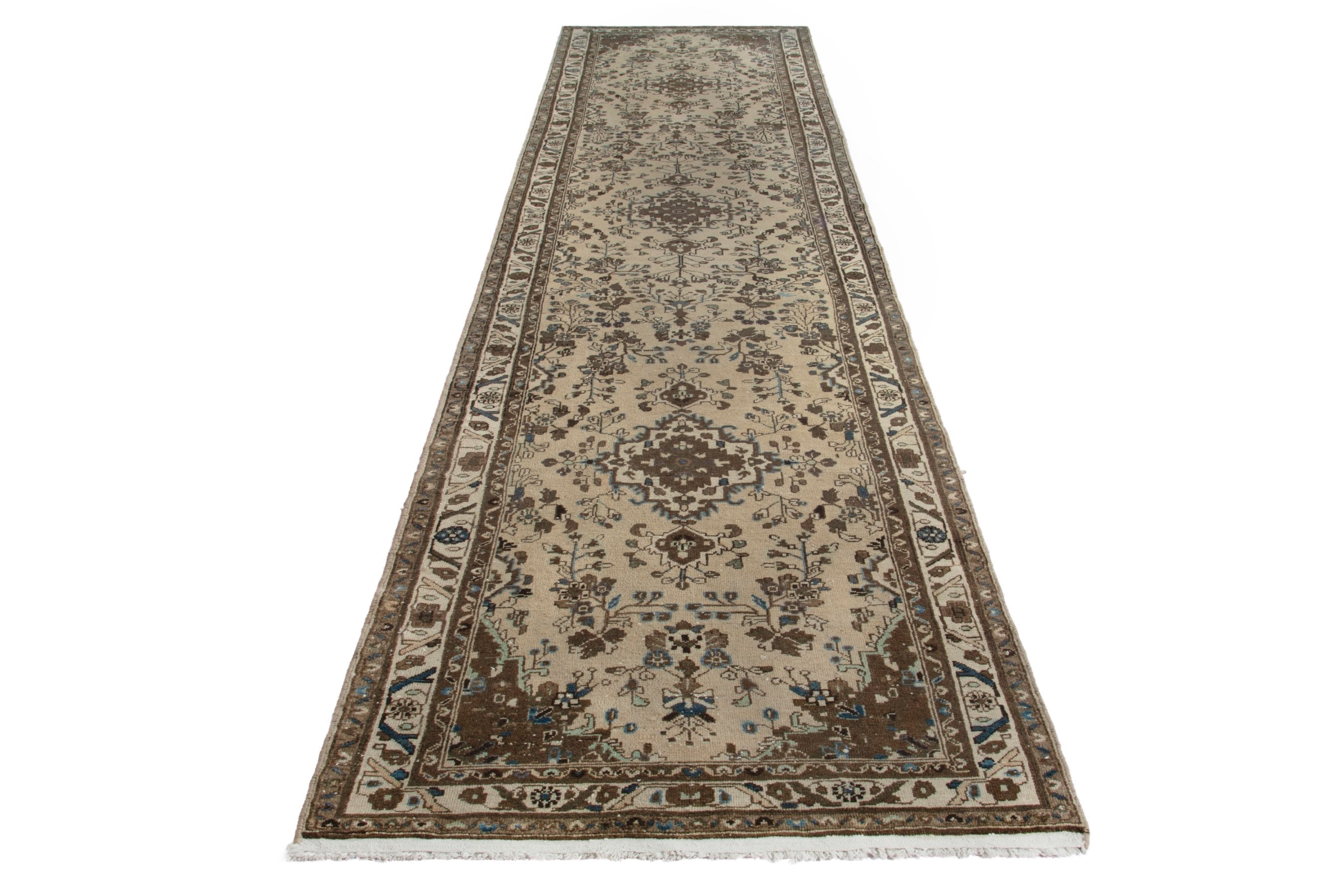 Persian Hamedan runner rug in cream and brown, view 2 of 18