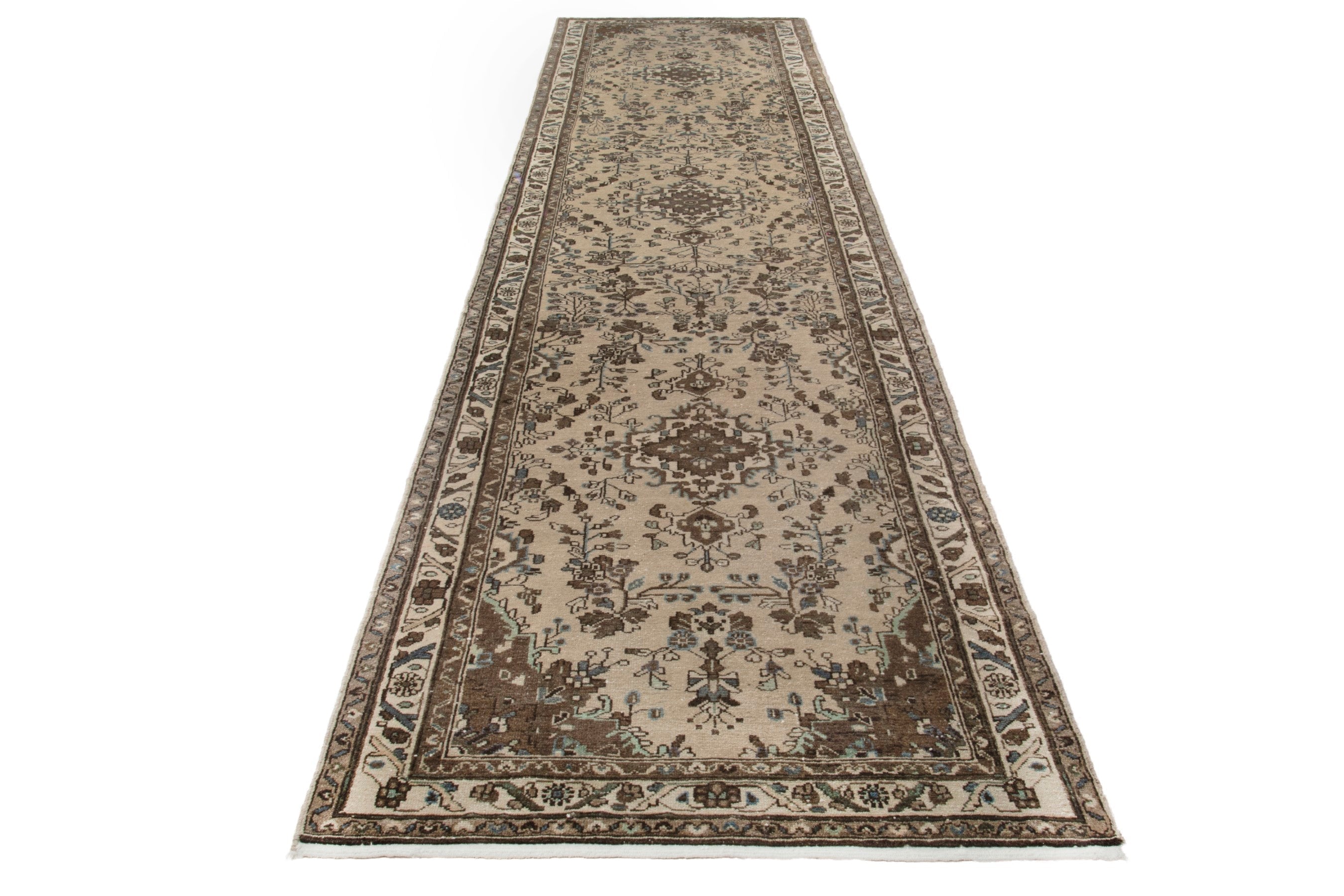 Persian Hamedan runner rug in cream and brown, view 3 of 18